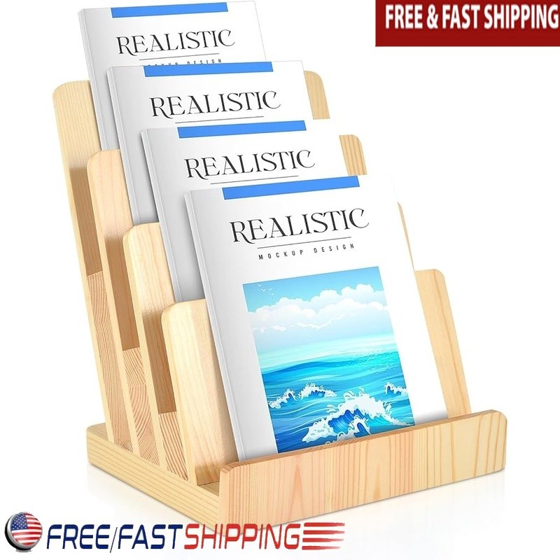 Pine Wood Brochure Holder 4-Tier Display Stand Desk Literature Organizer New