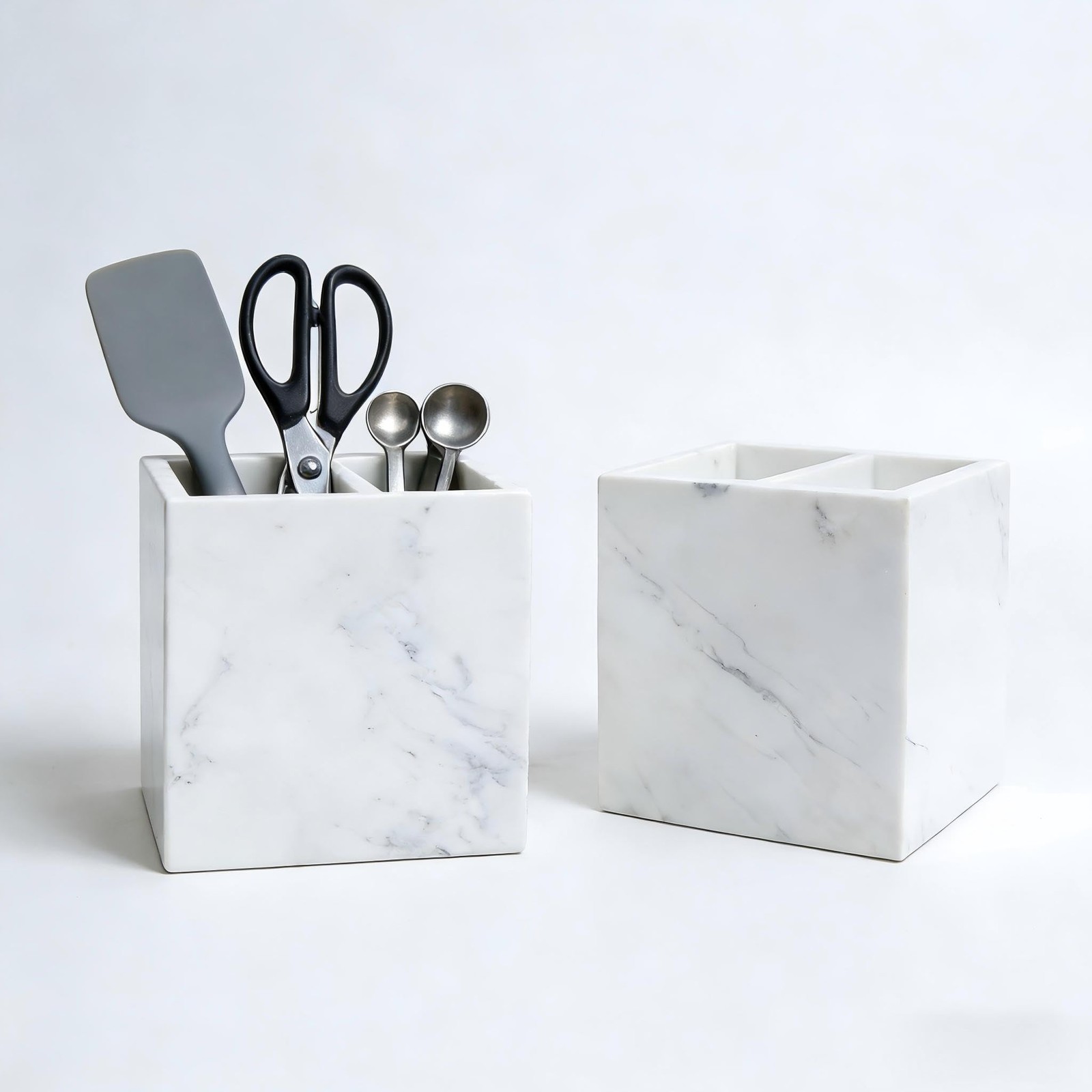 SIRIZEN-DIVING Marble Pen Holder, White Stone, Rectangular Desktop Organizer for