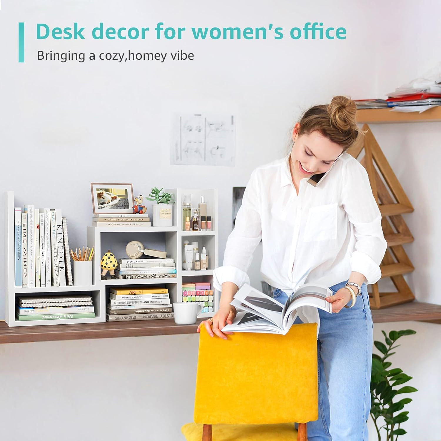 Desk Shelves Desktop Organizer Shlef – White Office Organization for Top of Desk