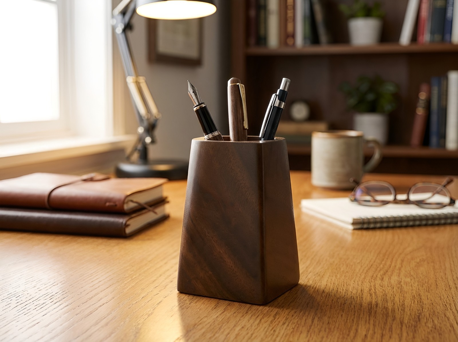 Walnut Wooden desktop pen pot organizer home office decor housewarming gift