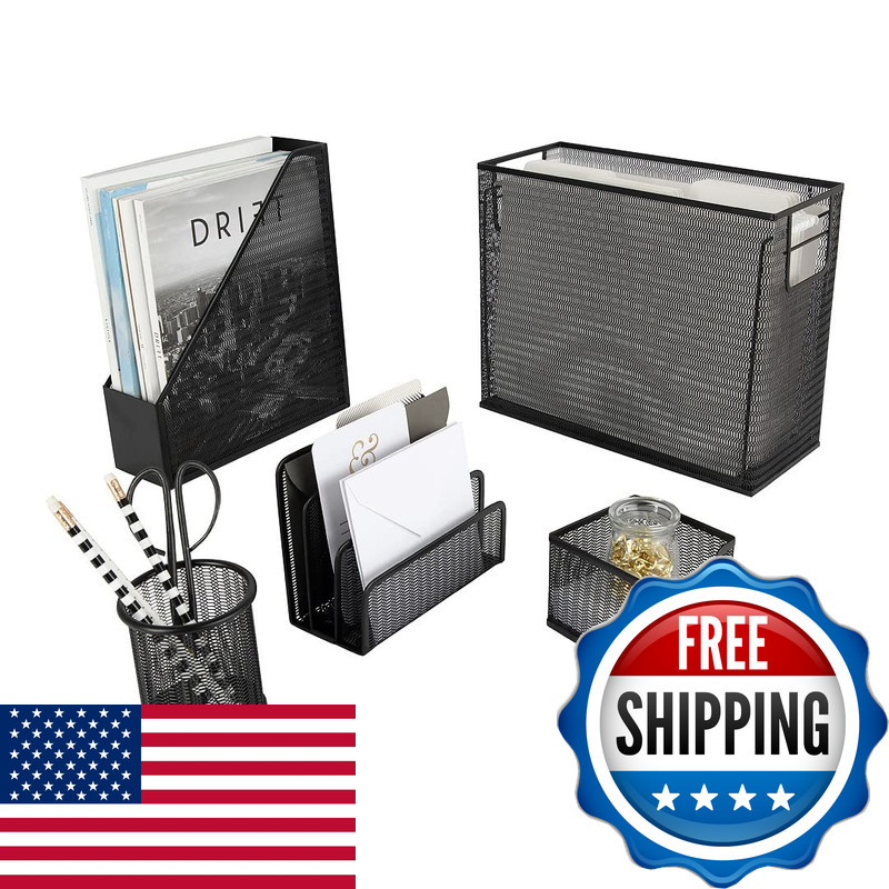 Blu Monaco Black Desk Organizer Set 5-Piece Metal Office Supplies Collection