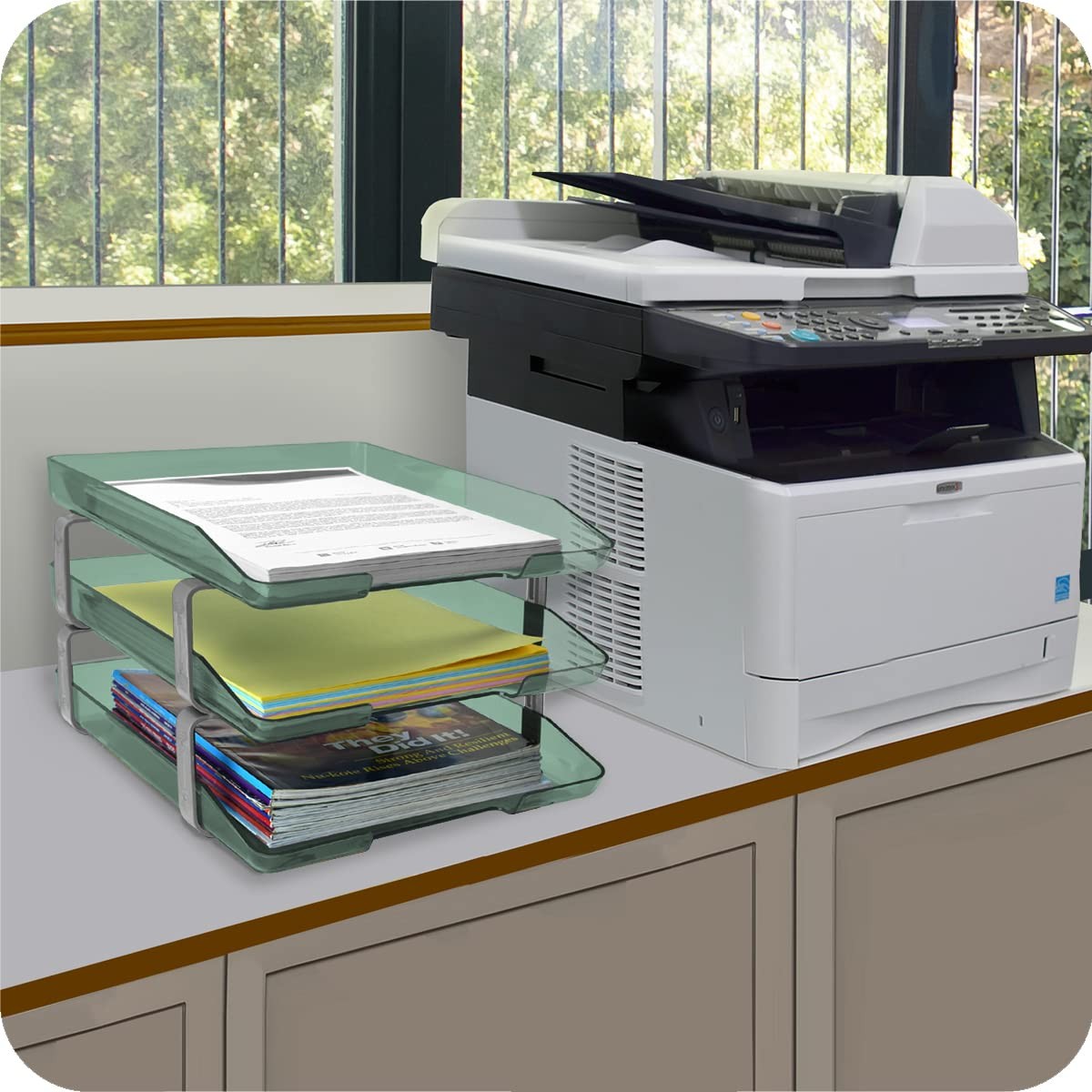 Traditional 3 Tier Letter Tray A4 Size Clear Green Plastic Desk Organizer