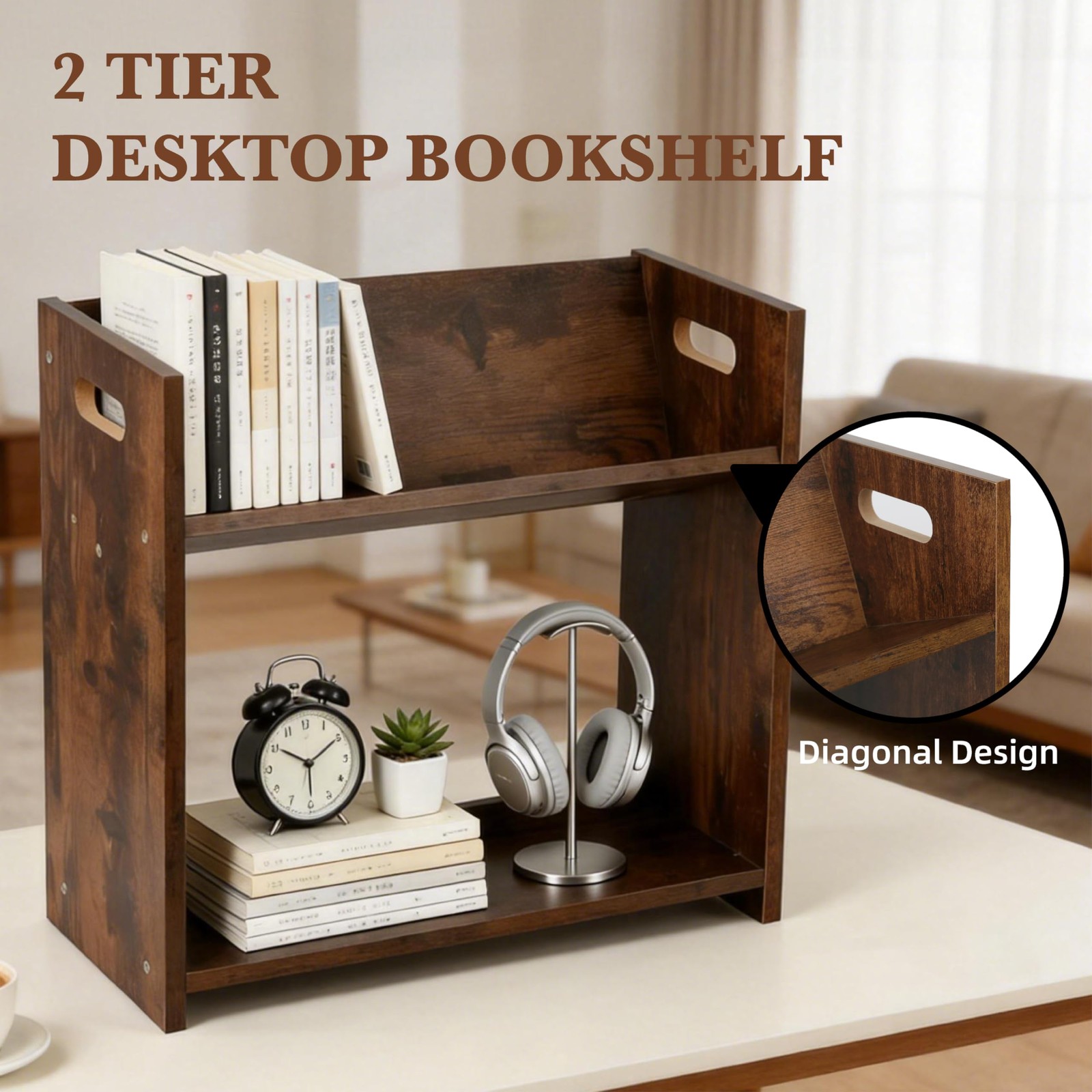 YUBAMIN Desktop Bookshelf, 2 Tier Desk Shelf Organizer, Wood Rustic Brown