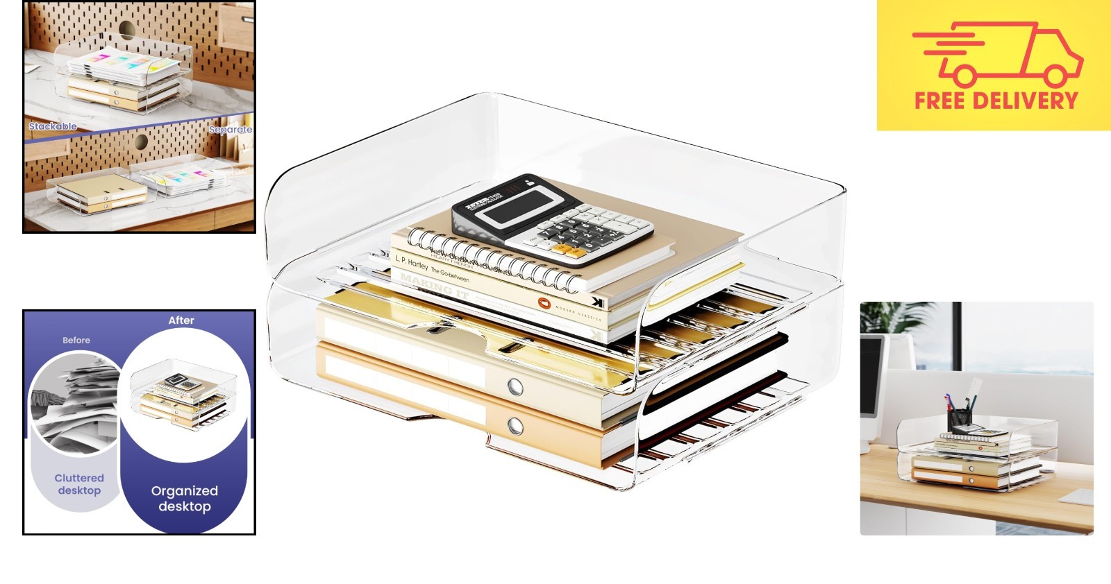 Elegant A4 Stackable Desk Organizer Set – Clear PET Letter Trays for Document…