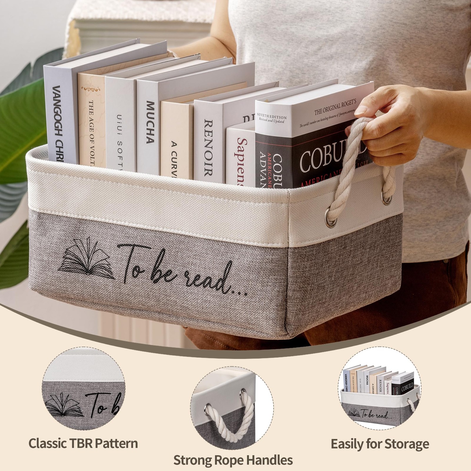 Book Storage Basket TBR Lover Gifts To Be Read Organizer Bin Handles Grey