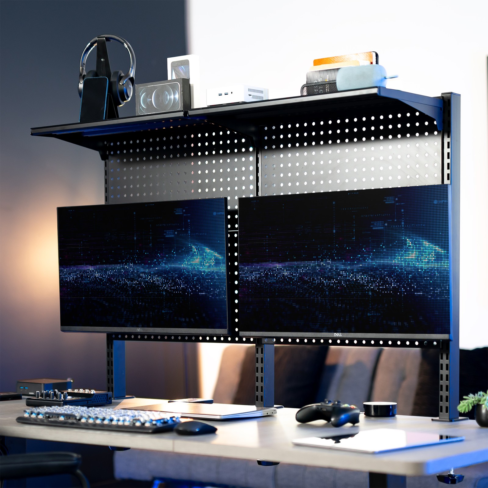 VIVO Black Steel Clamp-on 47″ Pegboard with Monitor Mounts & Overhead Shelf