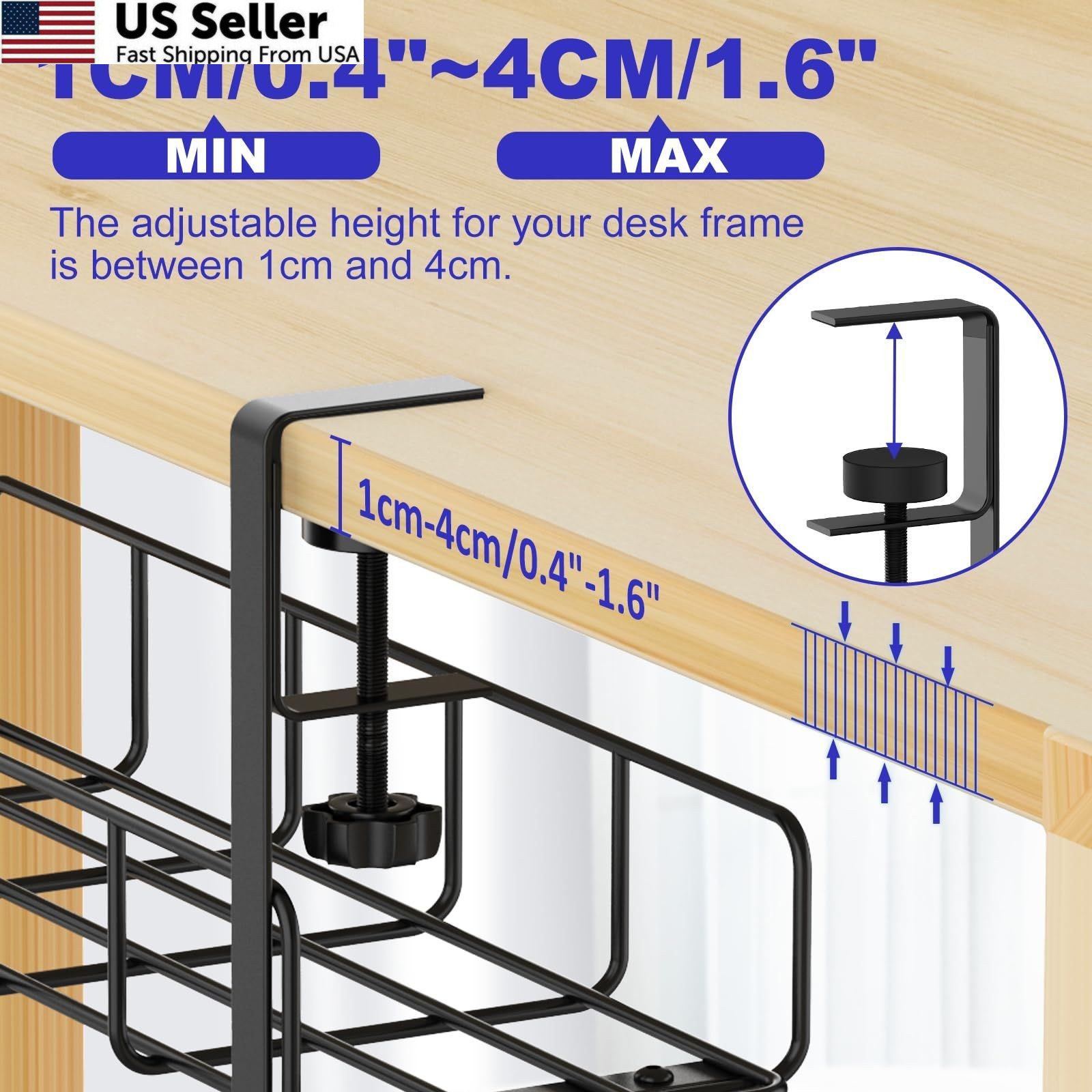 15.7” Under Desk Cable Management Tray, No Drill Steel 1 Pack, Black