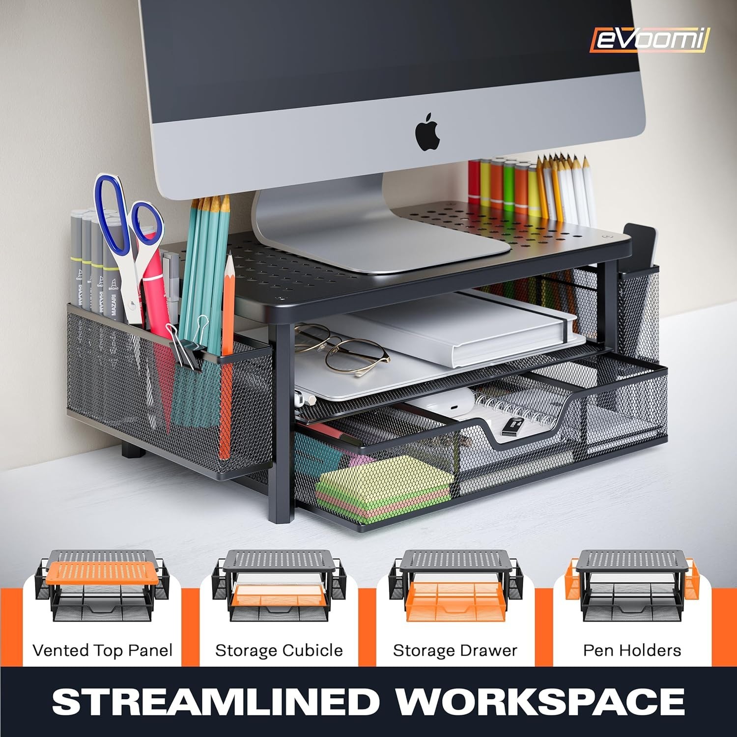 FlowMax Eye-Level Desk Stand: Ergonomic Monitor Riser with Storage Solutions