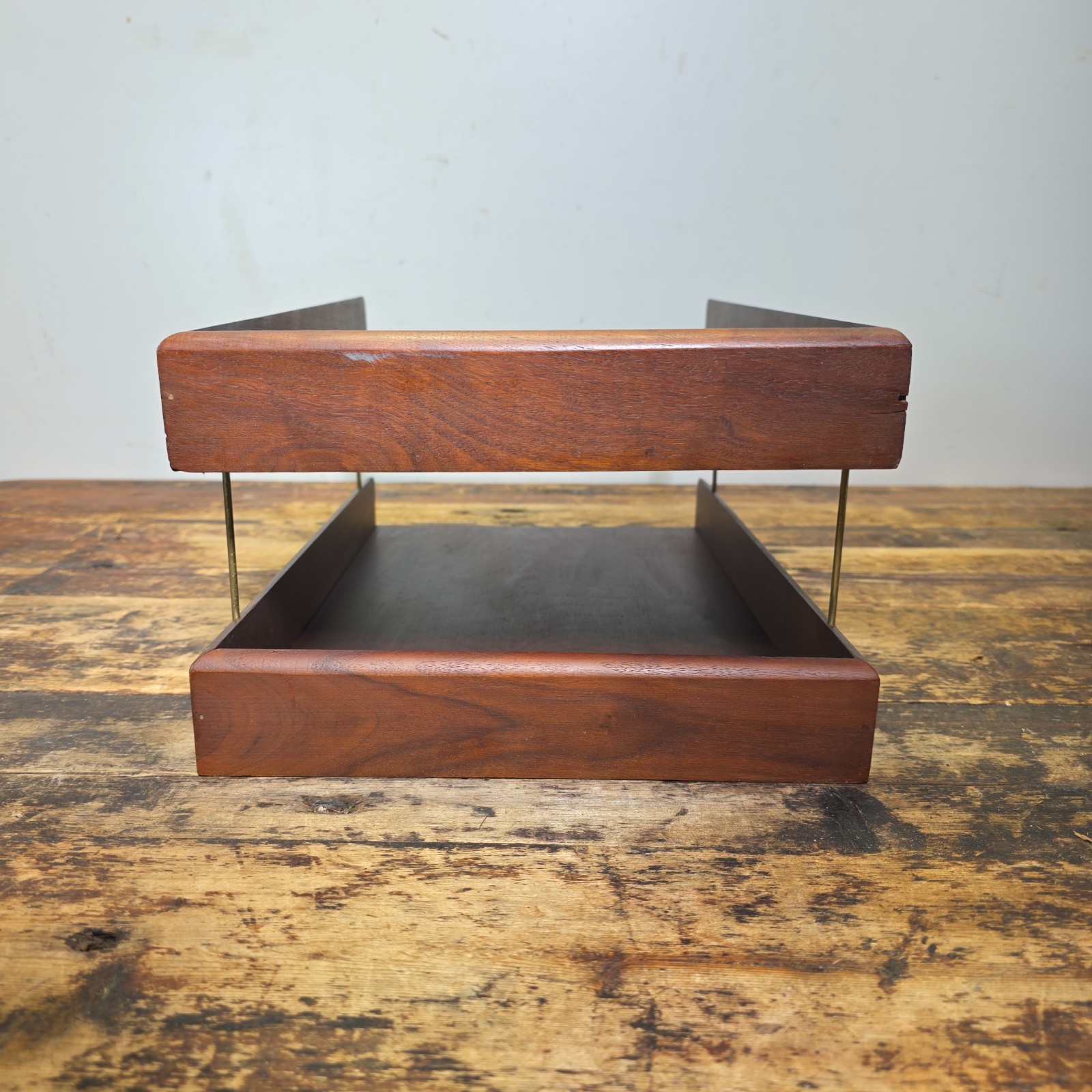 Vintage Carver Wood Products Desk Letter Tray 2 Tier Cherry Oak MCM Damage USA
