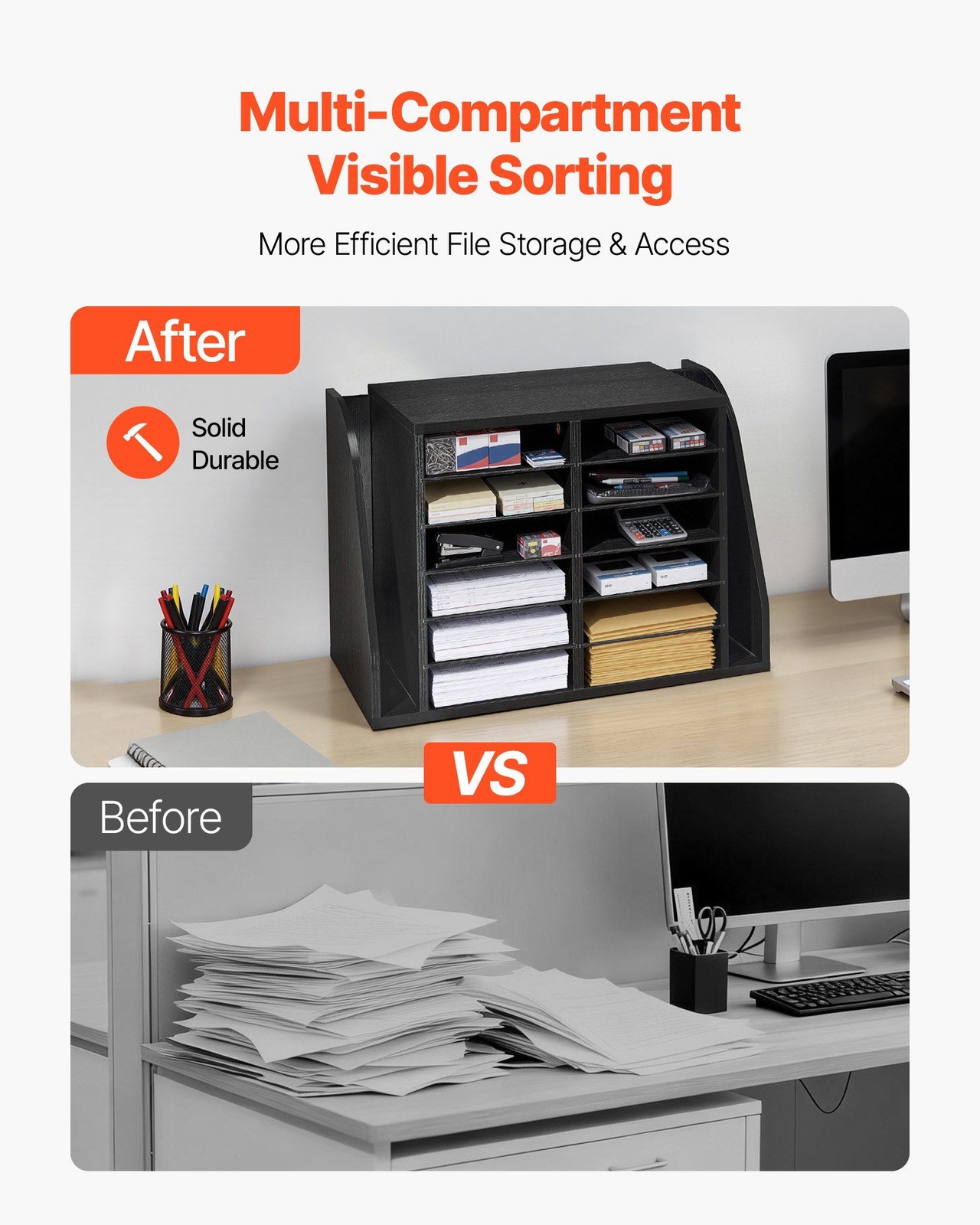 Desktop Literature Organizer – 12 Slot Wooden Sorter, Side Storage, Black Finish