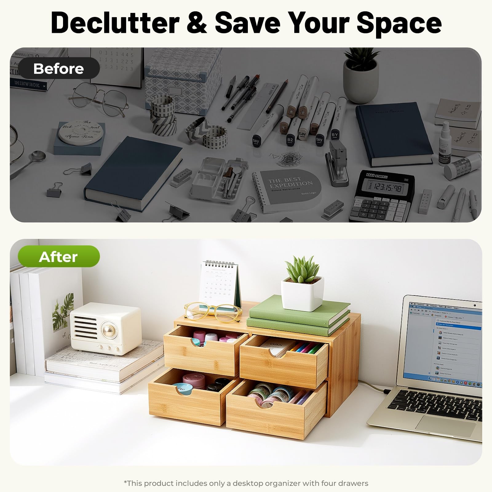 Gdrasuya10 Bamboo Desk Organizer, Drawer Tabletop 4 Drawer, Raw Wood Color