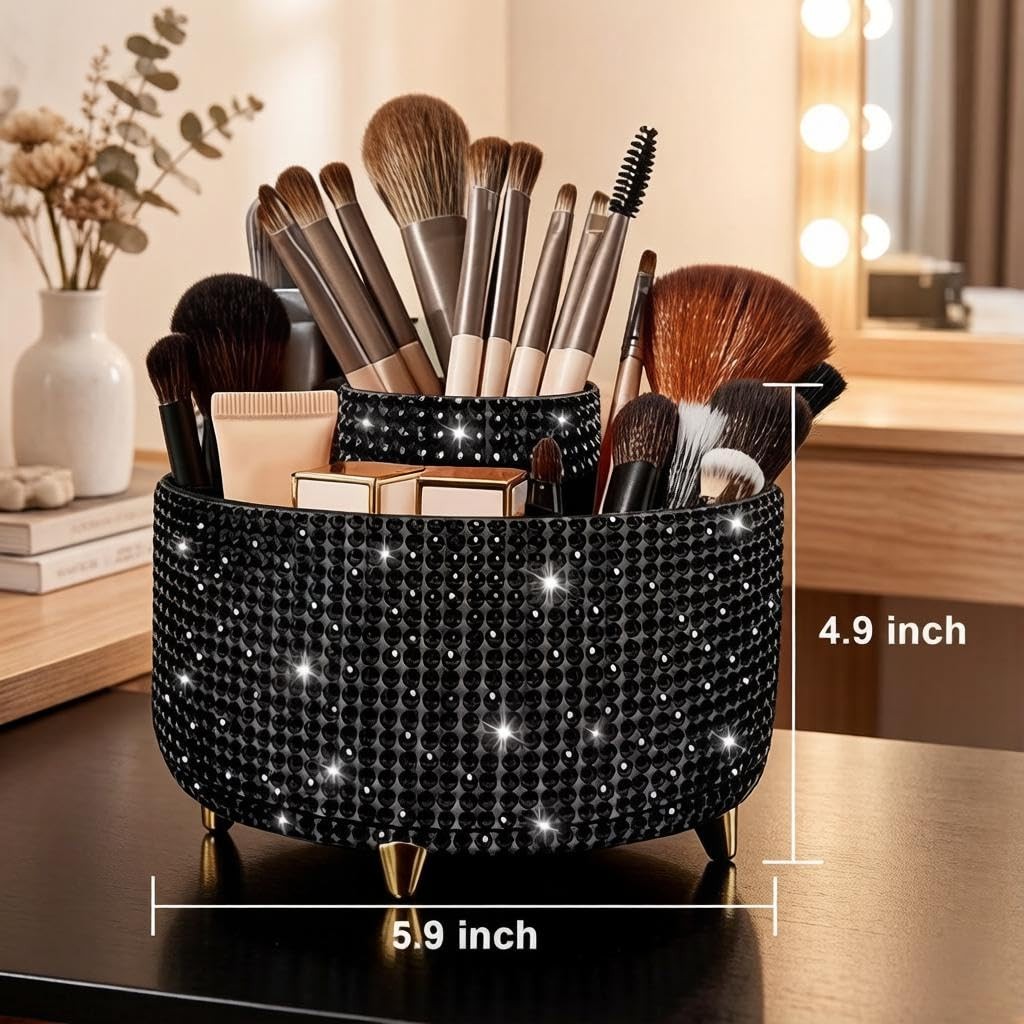 Bling Makeup Brush Holder,360° Rotating Diamond Black