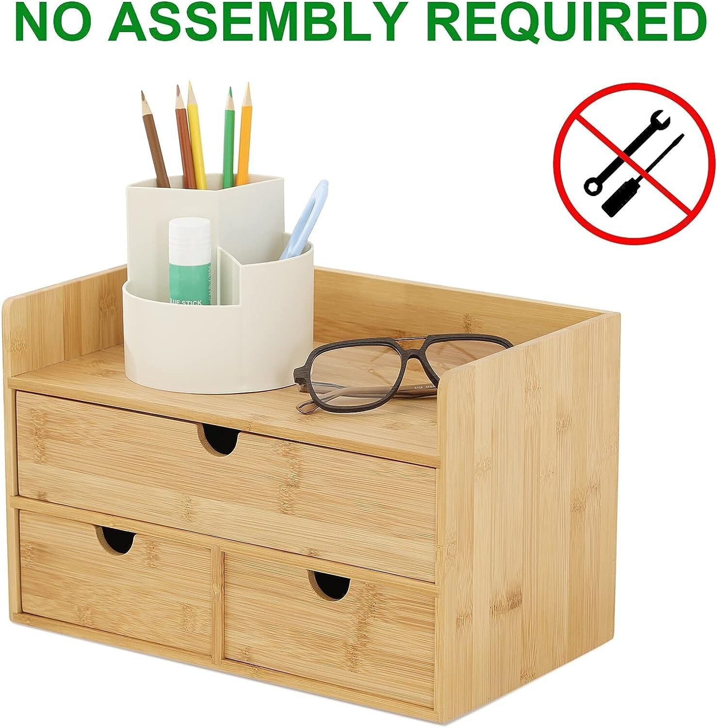 Bamboo Desk Organizer: 3 Drawer with Shelf – Eco-friendly – No Assembly Required