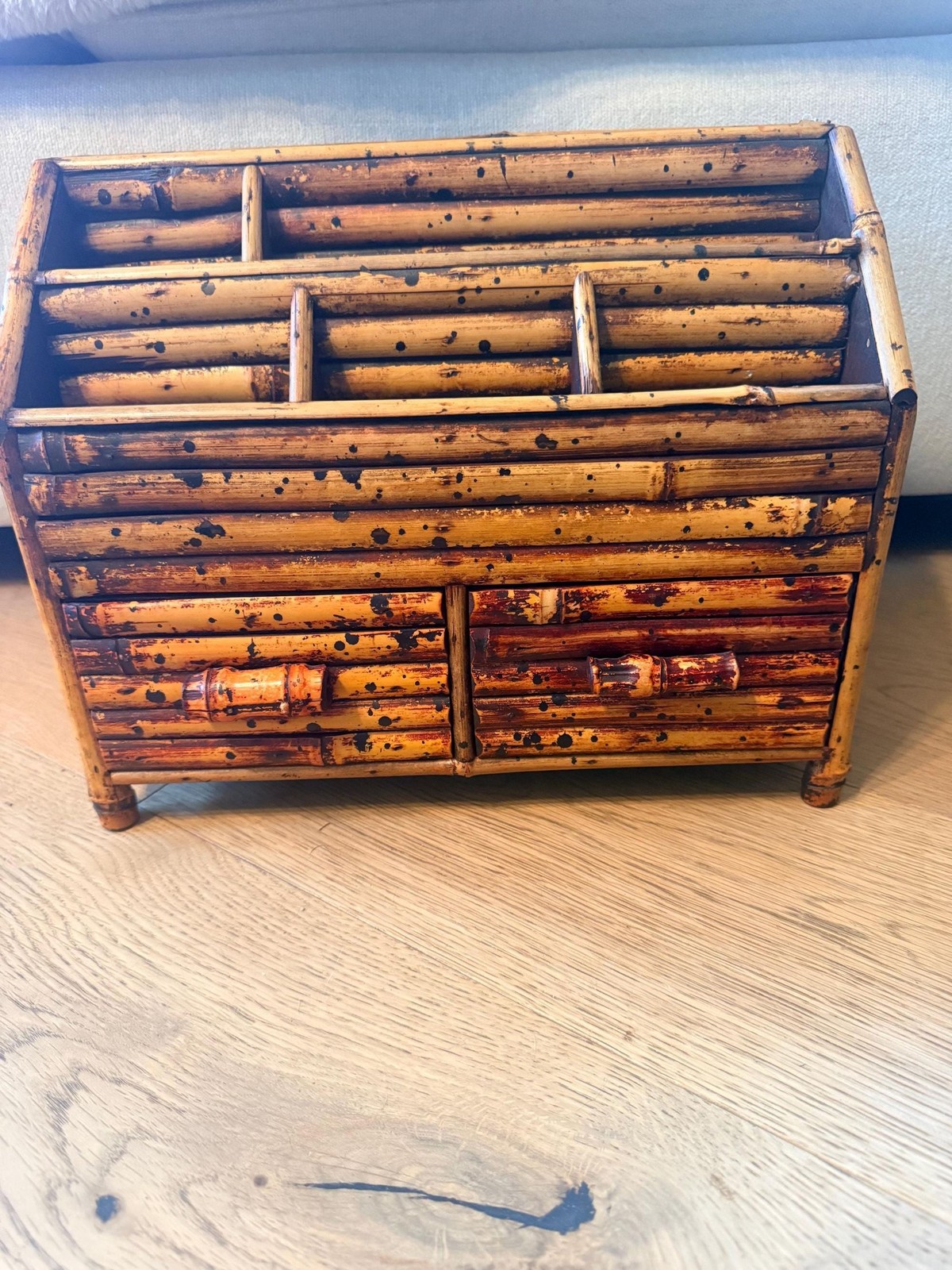 Vintage Bamboo Desk Organizer Letter Holder with Drawers | Boho Office Storage |