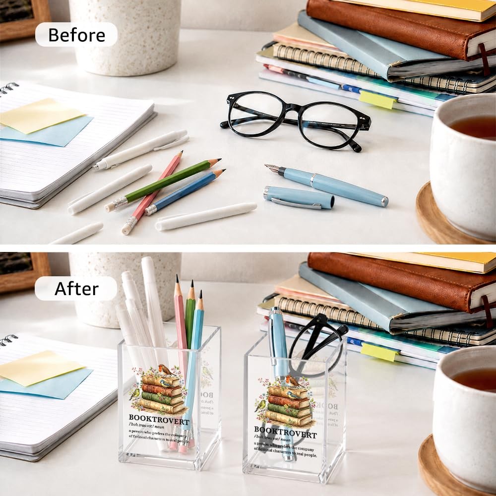 Booktrovert Desk Organizer, Vintage Books Acrylic Pen Holder for Booklish Rea…