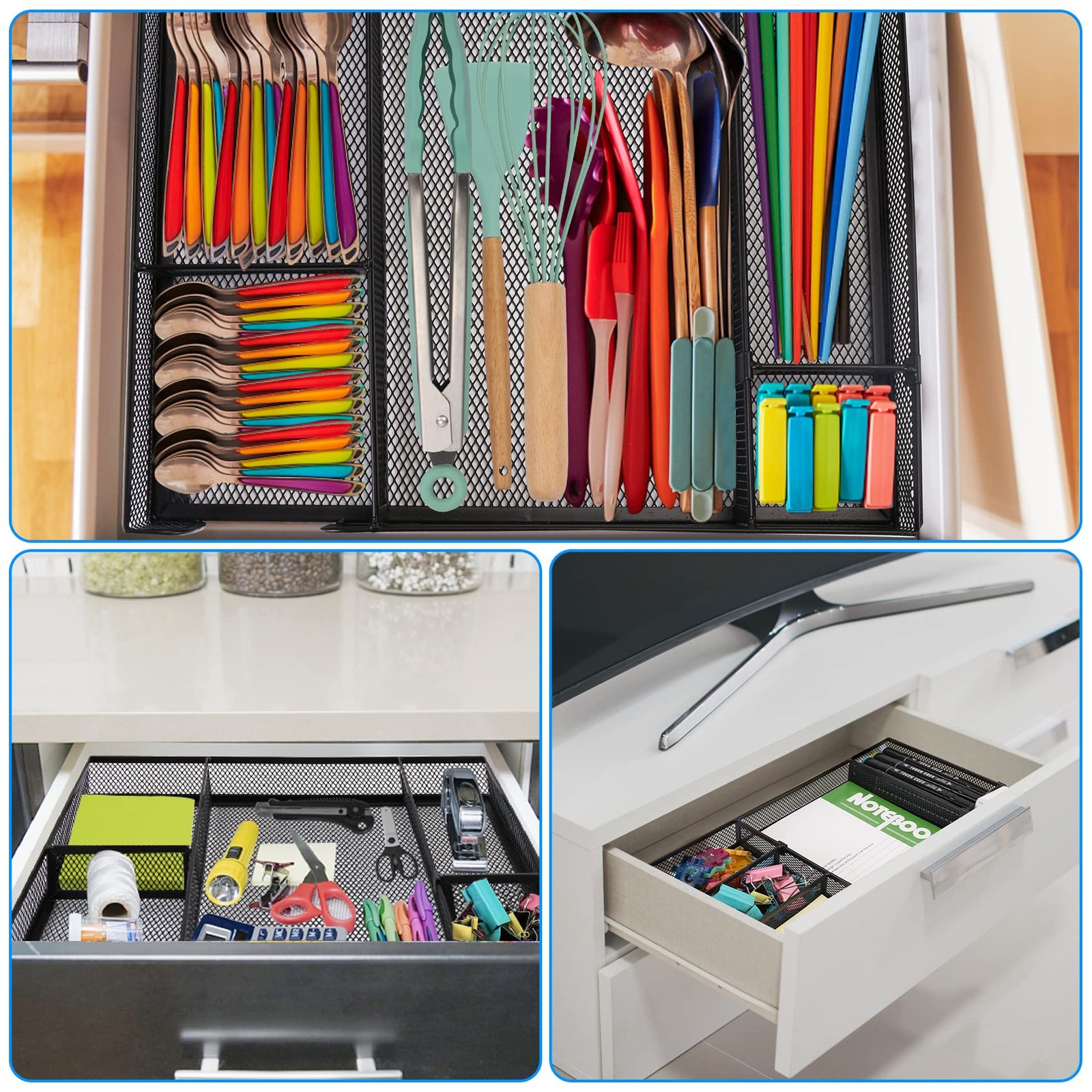 Desk Drawer Organizer Tray, 6Grid Metal Mesh, Adjustable Compartments