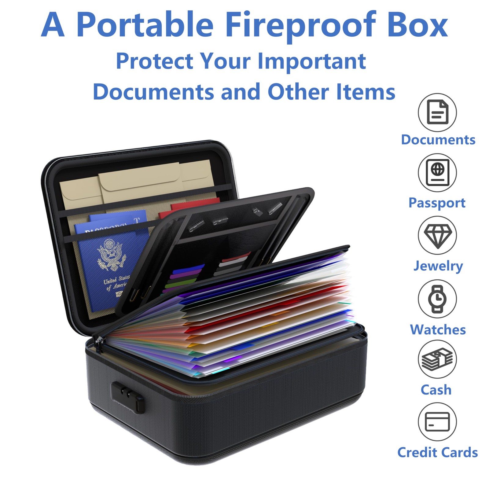 TIGERKING Fire Proof Document Safe Box 14.56 x 5.12 x 10.63 inches, Black