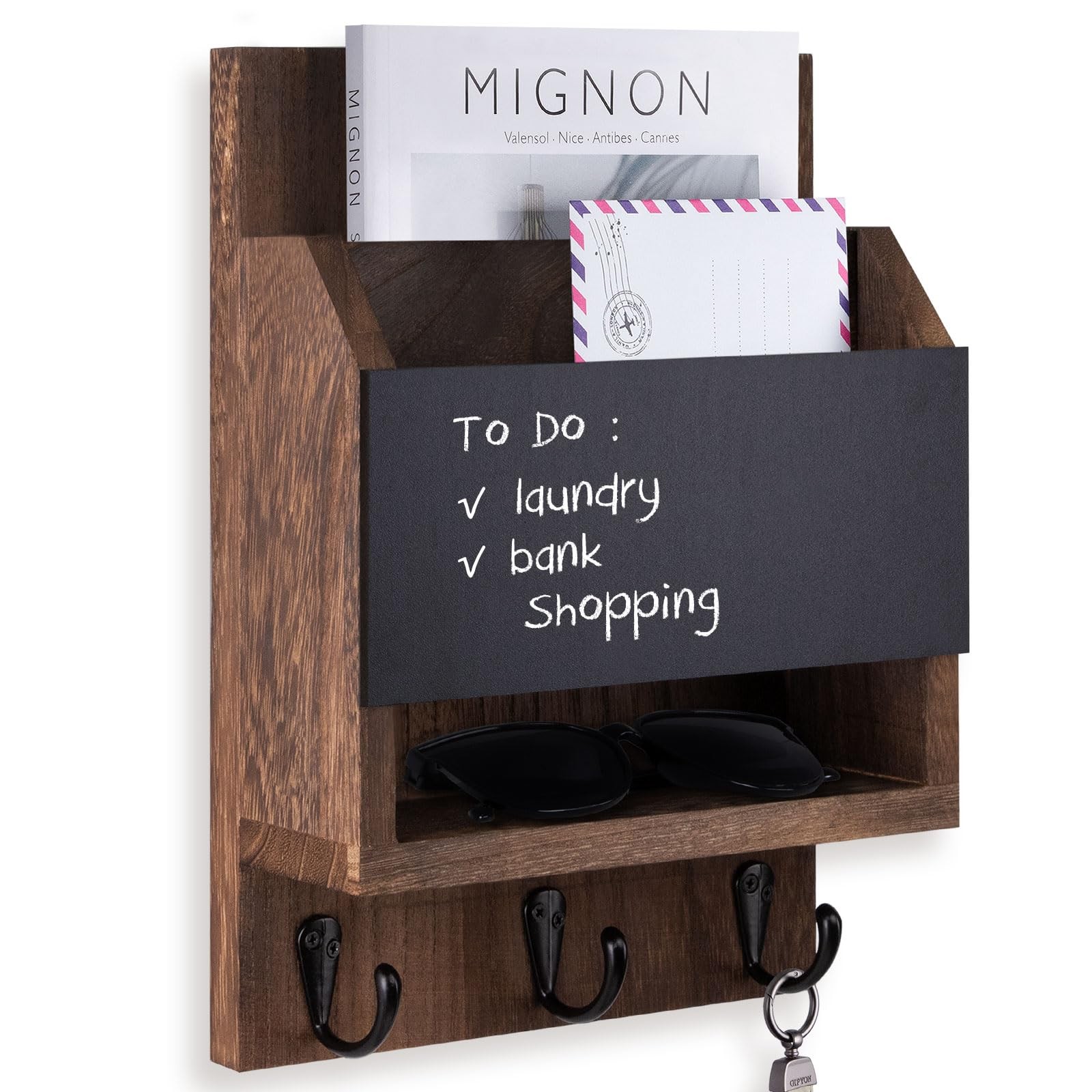 Key and Mail Holder for Wall, Key Holder with Chalkboard and Long Storage Box…