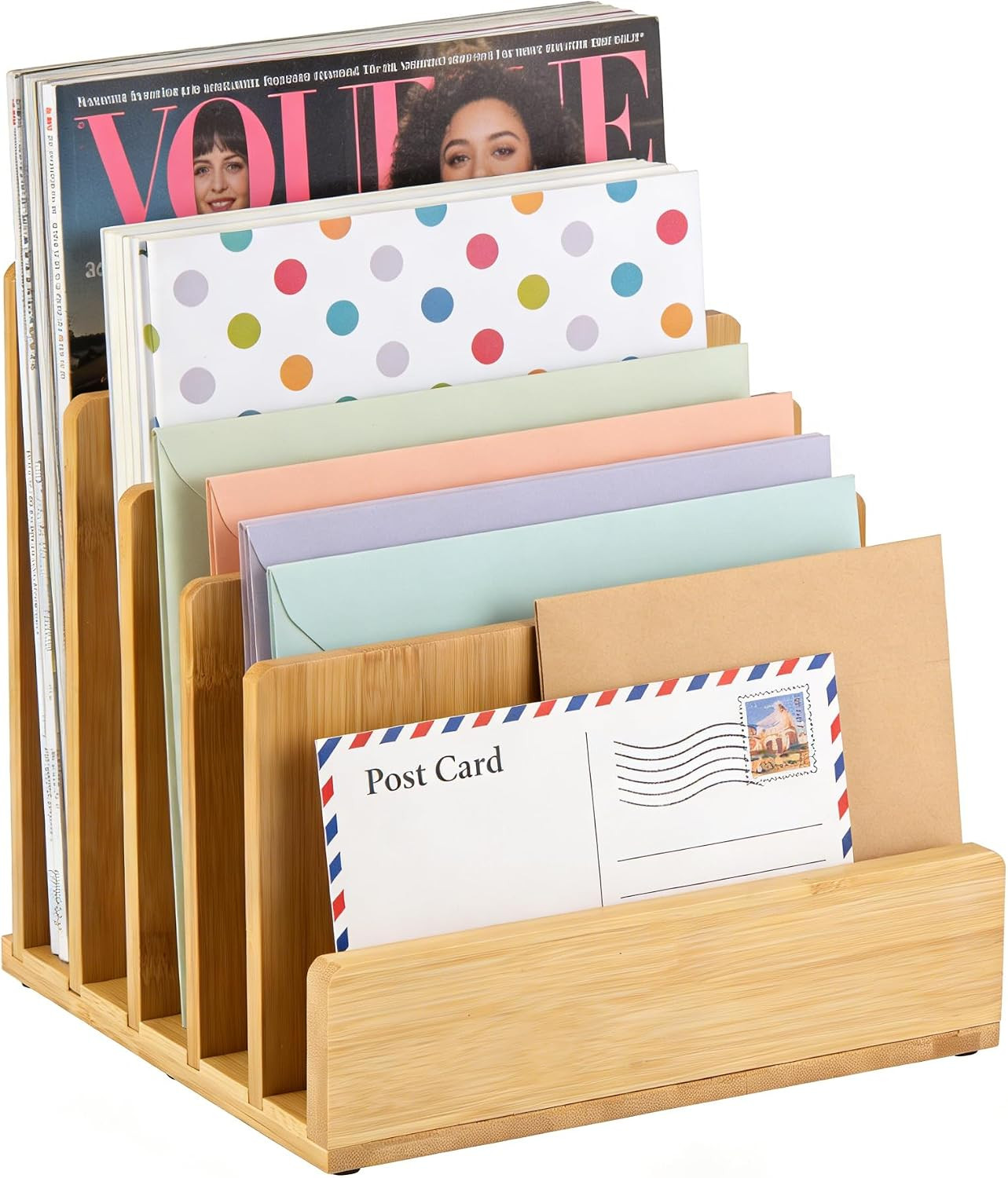 Bamboo Desk File Organizer, 5-Section Vertical Mail Sorter, Home Office Desktop