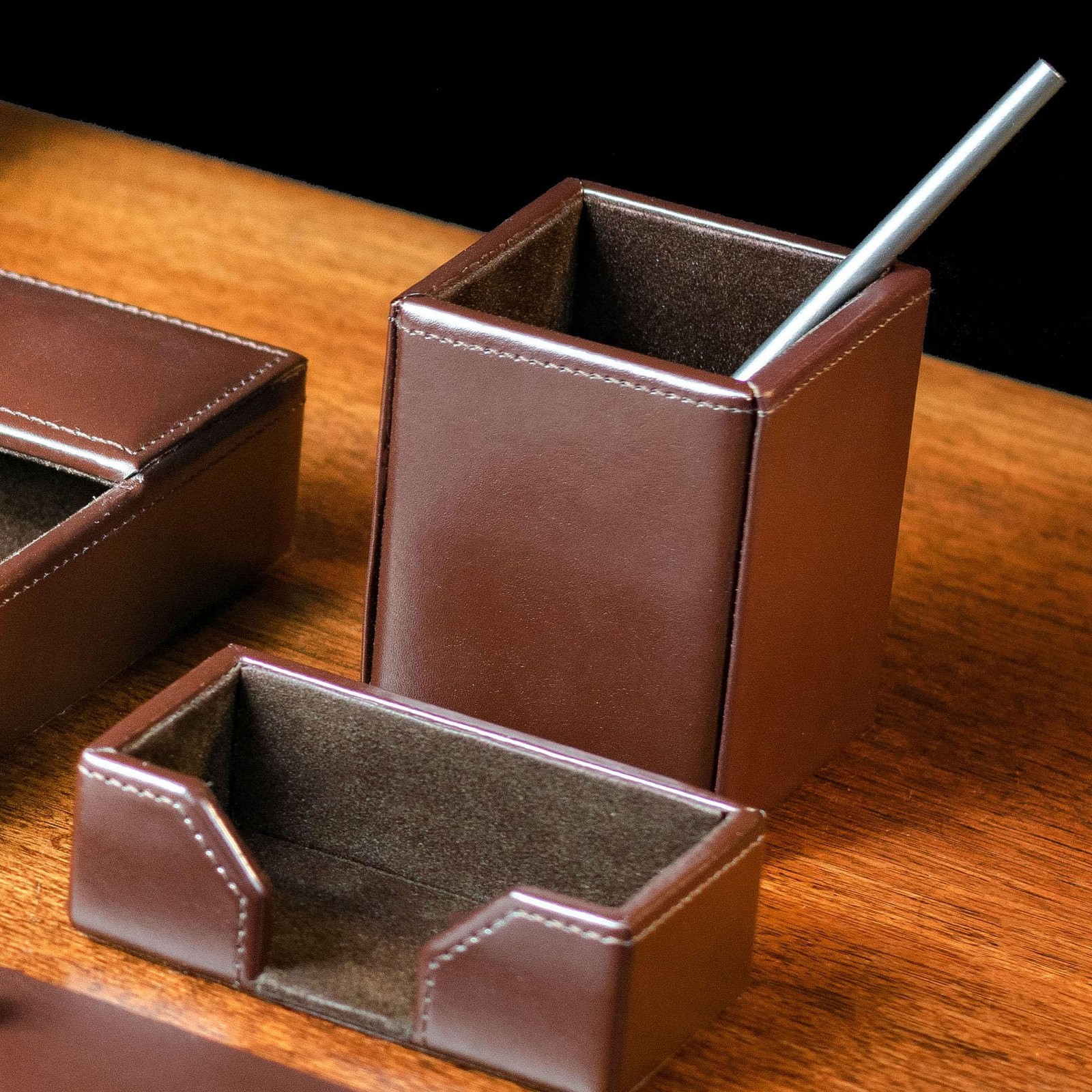 Dark Brown Bonded Leather Pencil Cup Holder Executive Decor Desk Accessory