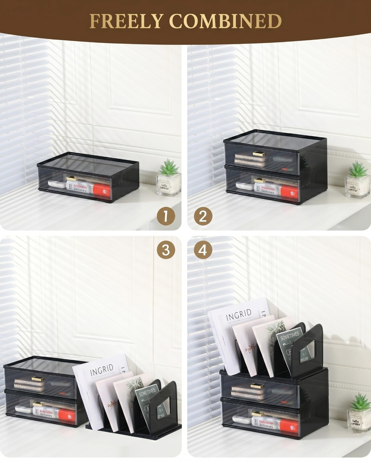 Multi-Functional Acrylic Desk Organizer with Drawer & Vertical File Holder, Blac