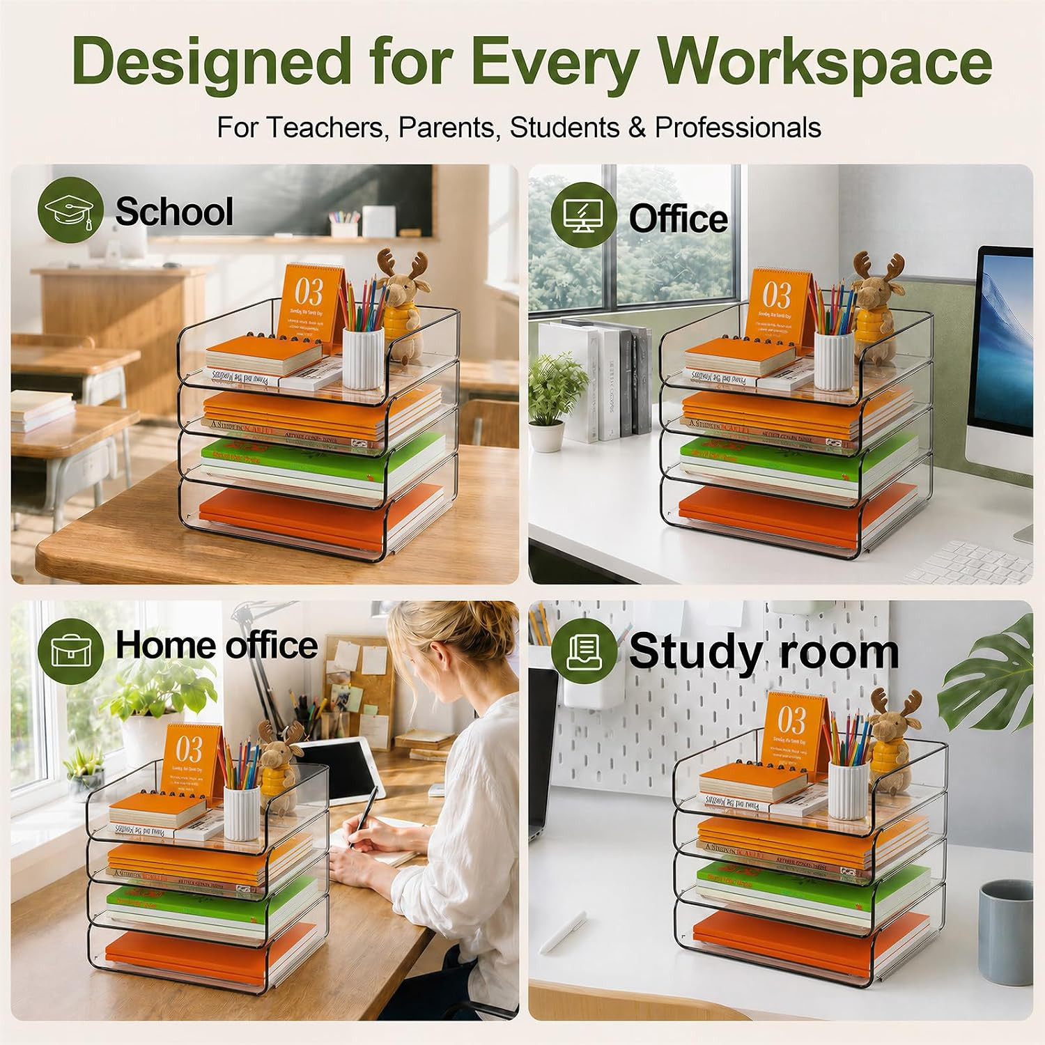 FANXIYQ 4-Tier Acrylic Paper Tray Organizer – Low-Profile Desk File Sorter for O