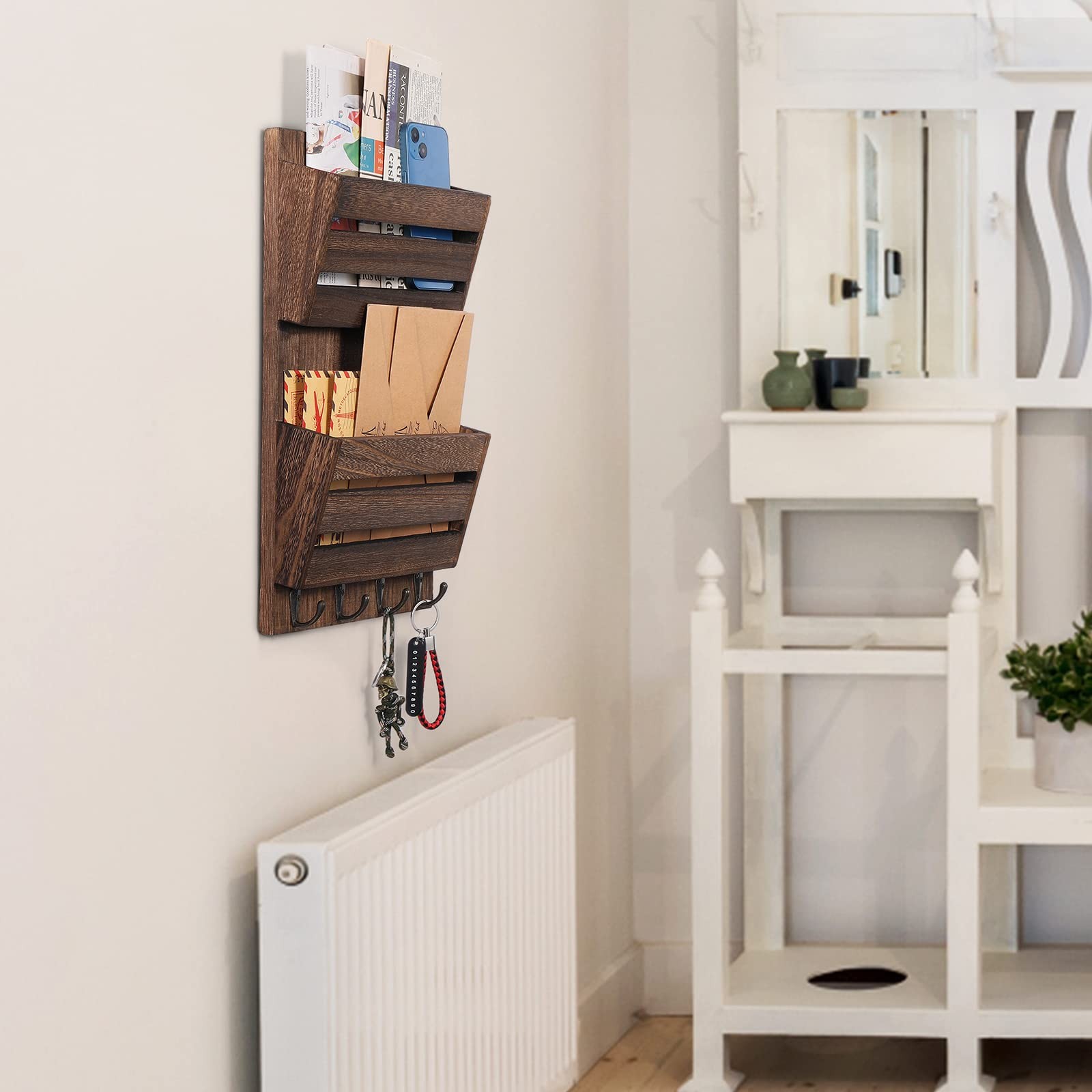 Organizer Wall Mount with Key Hooks, 2-Slot Wood and Key Holder, Wall File Or…