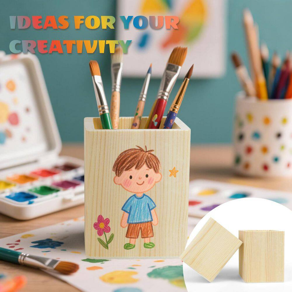 6-Pack Unfinished Pine Wood Pencil Holder Set Square Natural Wood Desk Organizer