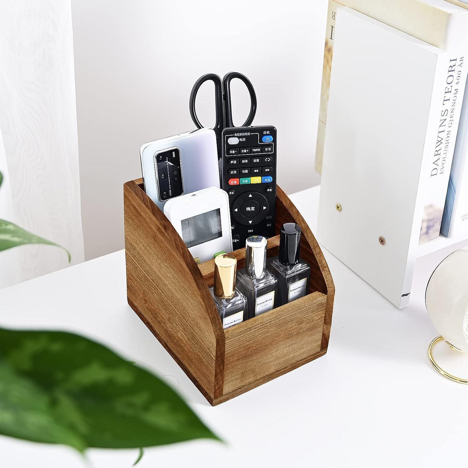 Rustic Vintage Wooden Desk Organizer Farmhouse Wood Remote Control Caddy, 3 S…