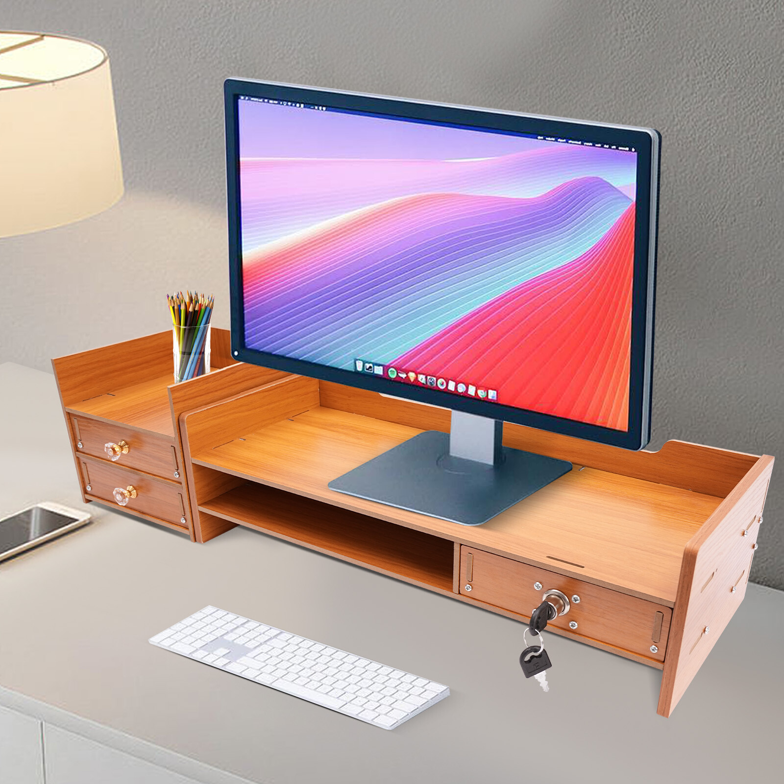 Wooden Desk Organizer with Drawers Office Supplies Computer Desktop Tabletop