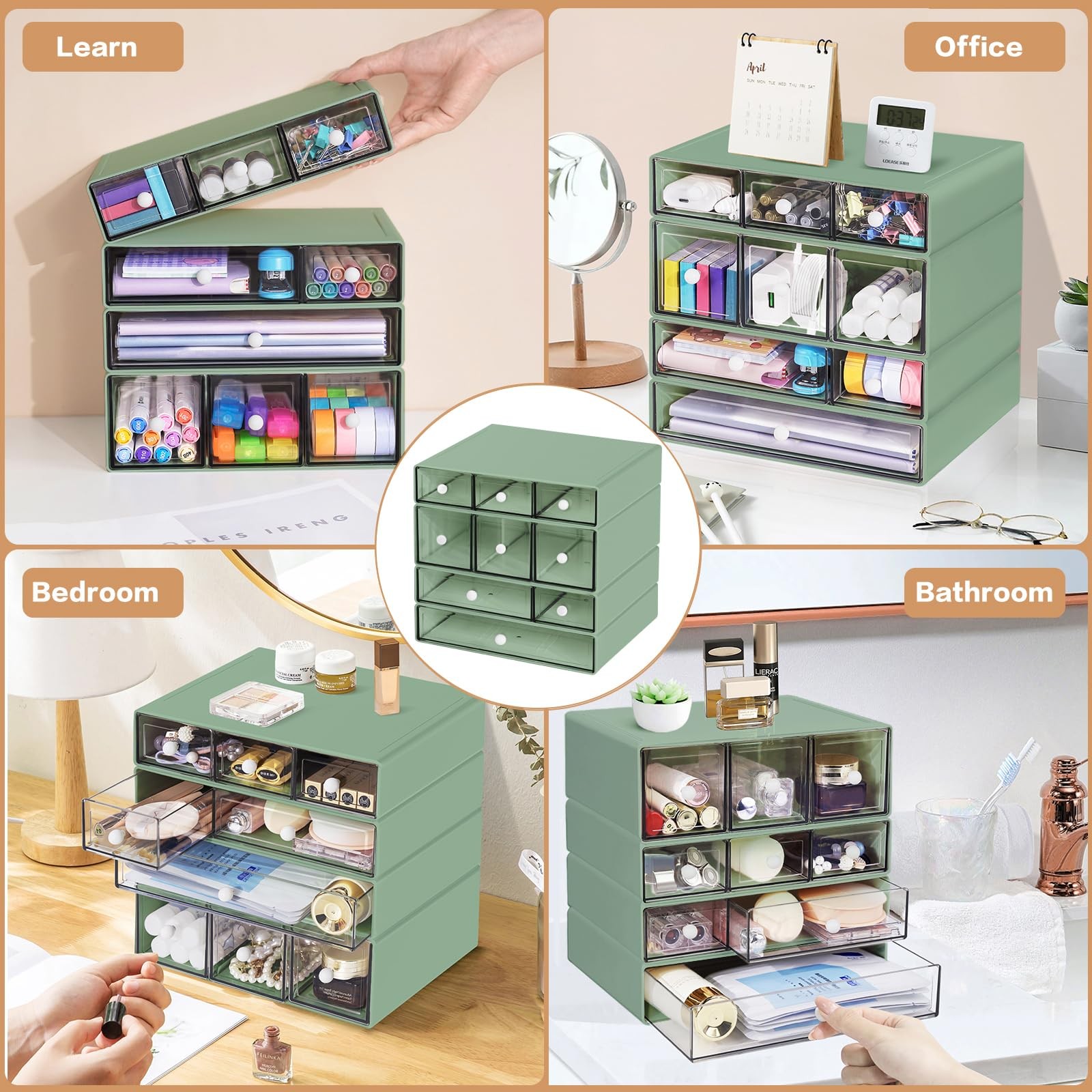 FODIENS 9Drawer Stackable Desk Organizer, Clear Storage Box, Green