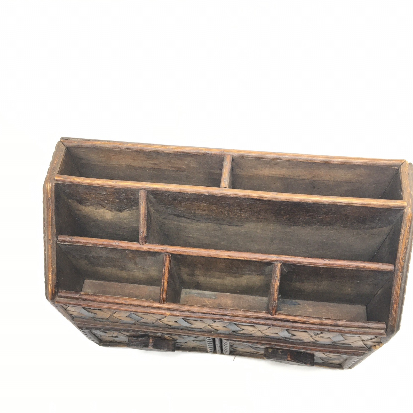 Vtg Wood + Woven Bamboo Desk Organizer Divider 2 Drawers Letter Holder Utensils
