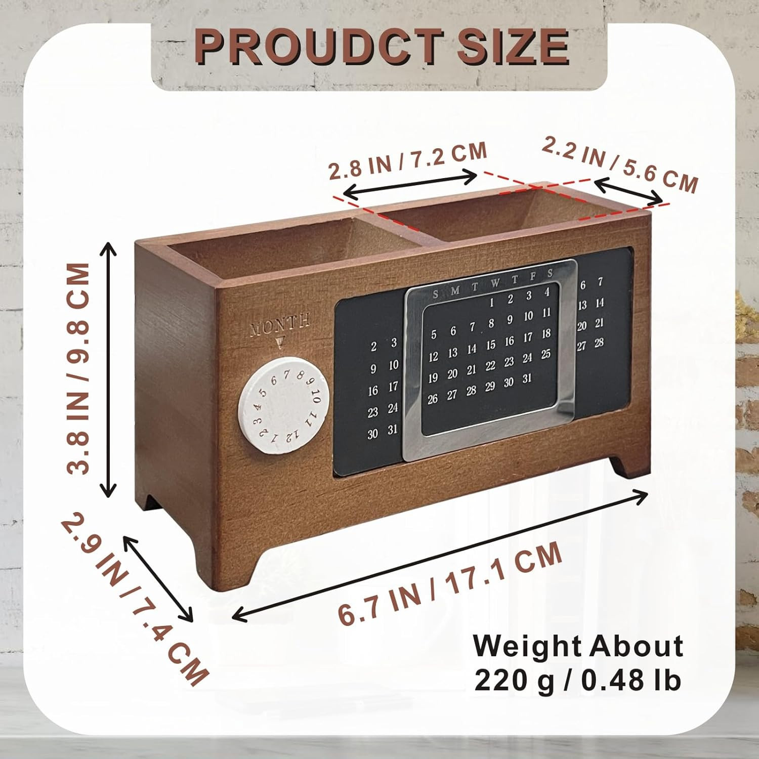 Wooden Calendar Pencil Pen Holder, Desk Organizer with 2 Slots, Multifunctional
