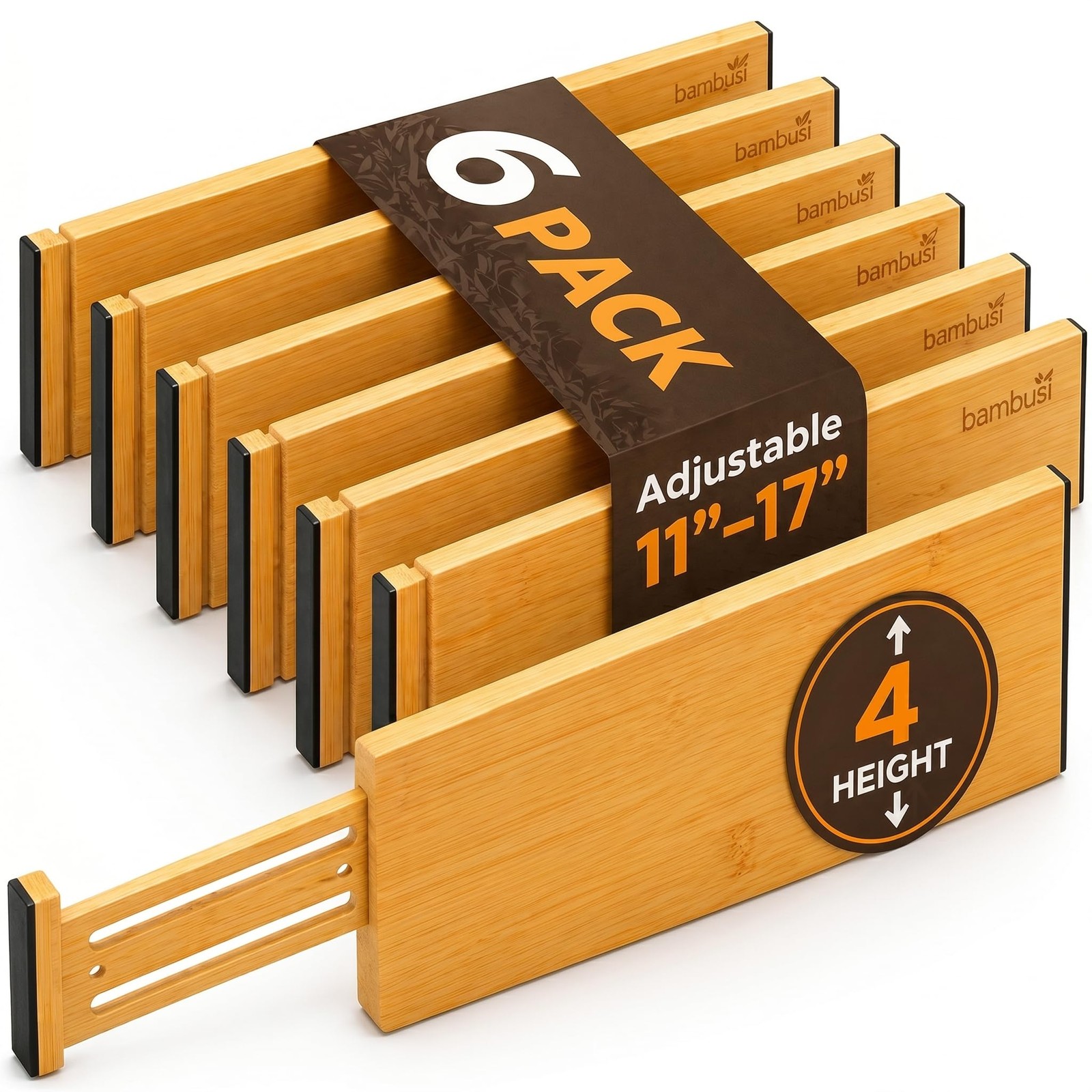 Bambüsi 6-Pack Drawer Dividers – 4 Inches High Adjustable 11 To 17 Inches