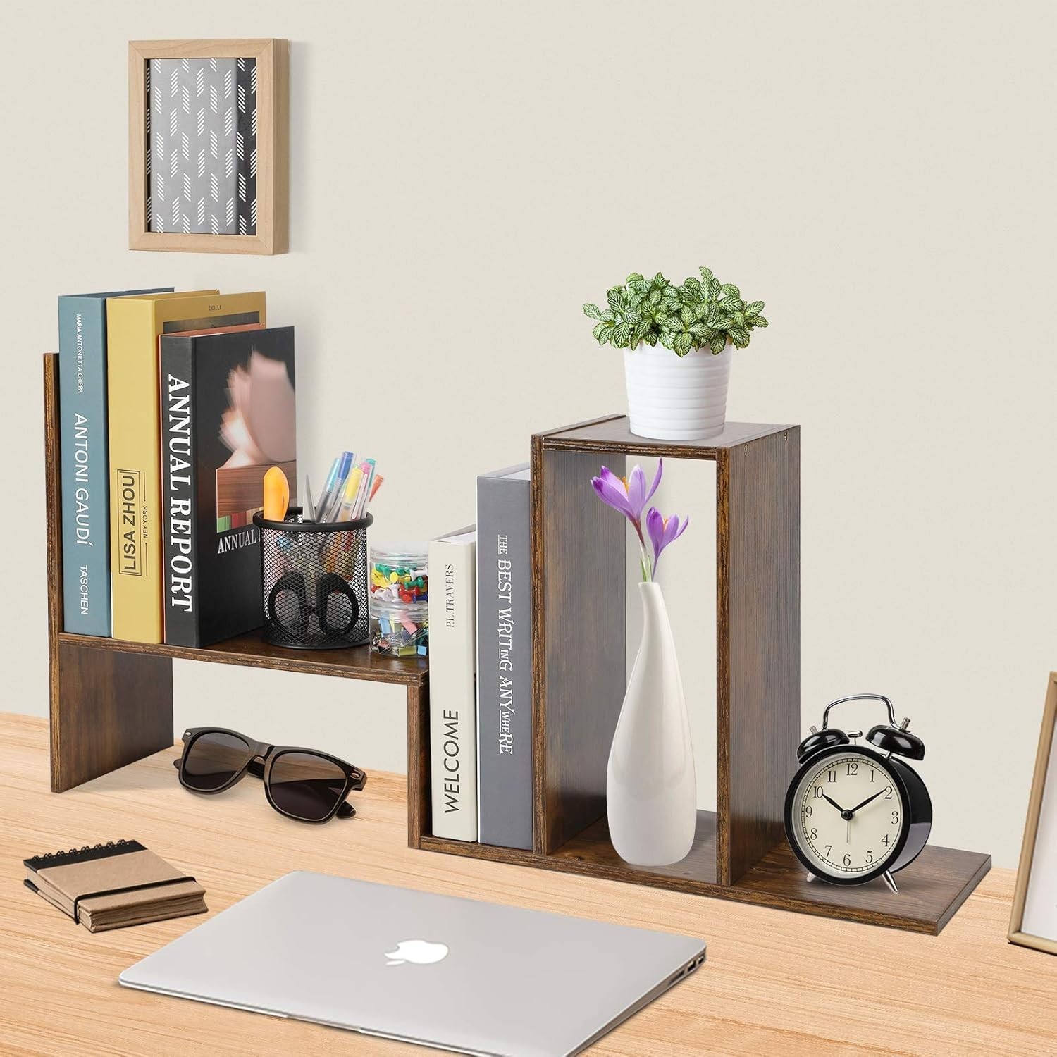 Expandable Wood Desktop Bookshelf – Minimalist Adjustable Organizer for Offices
