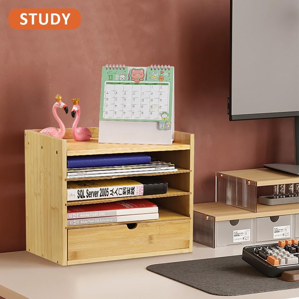 5-Tier Bamboo Desk Organizer with Drawer Tabletop File Organizer Document Hol…