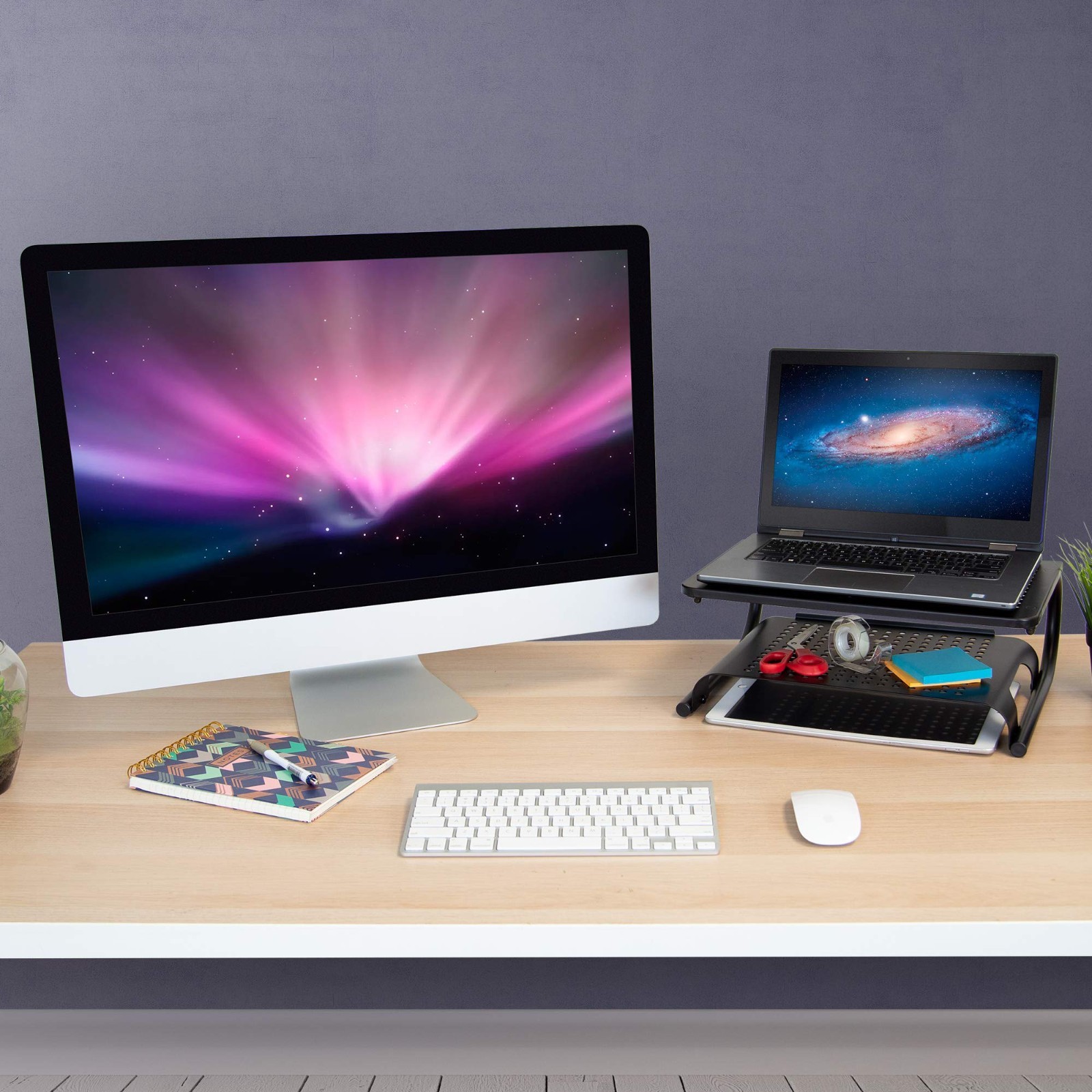 2 Tier Desk Organizer Riser | Computer Monitor Stand with Keyboard Storage Shelf