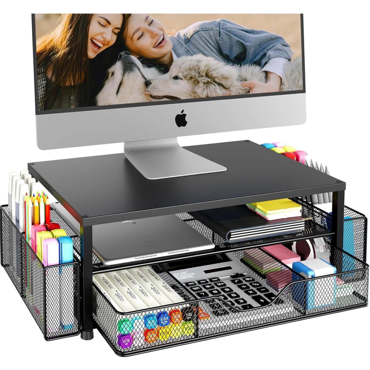 Desk Organizer 2-Tier Computer Monitor Stand Riser with Drawer Black