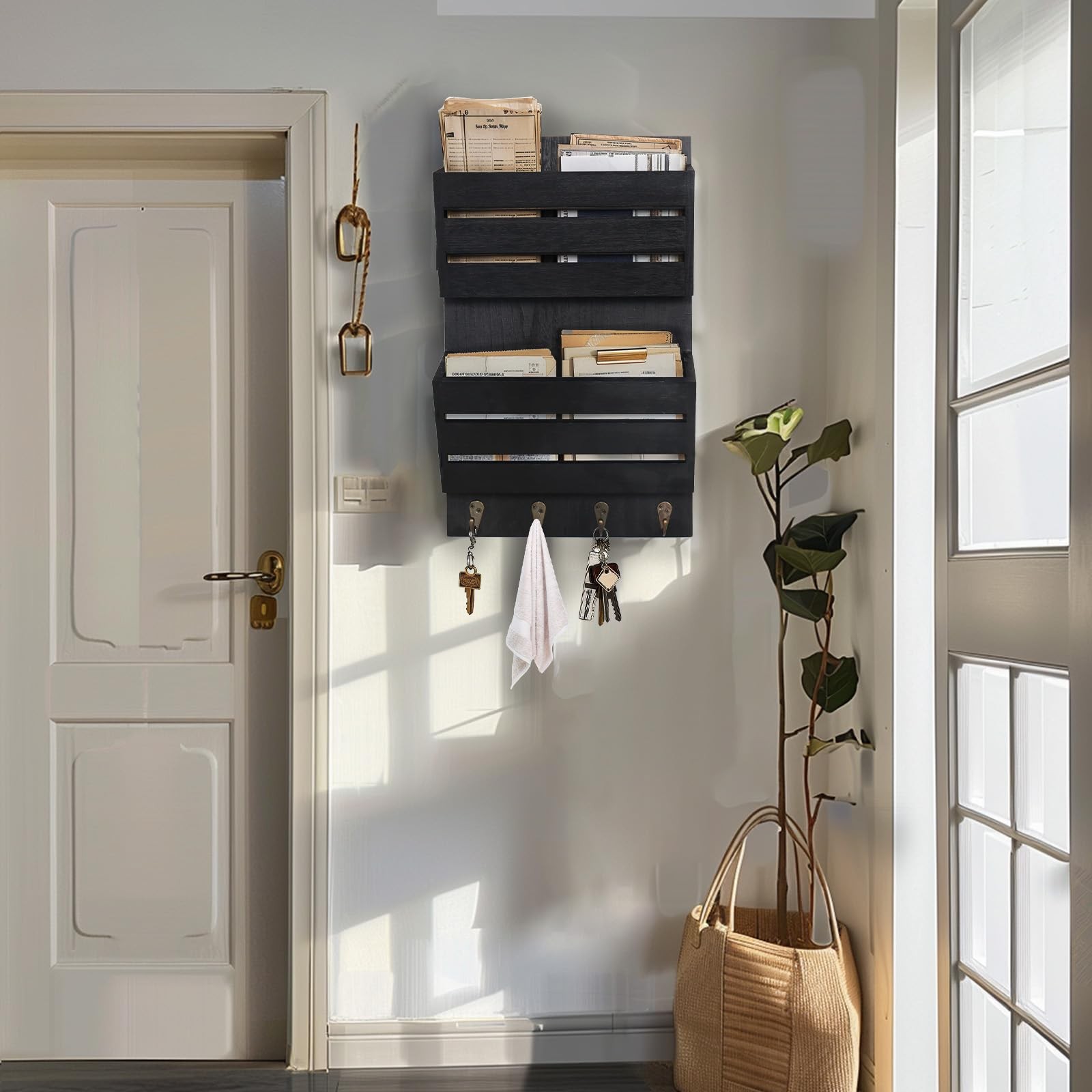 Mail Organizer Wall Mount with 4 Key Hooks, Rustic Wooden Hanging Mail Sorter…