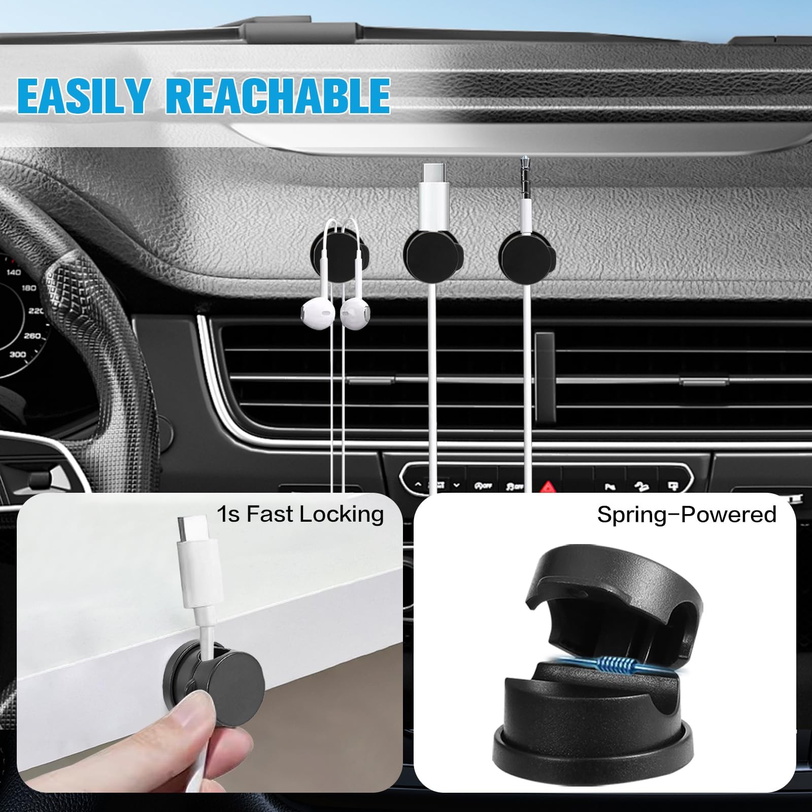 6PC Cord Organizer Holder, 360° Rotatable Spring Cable Clips, Small, Black