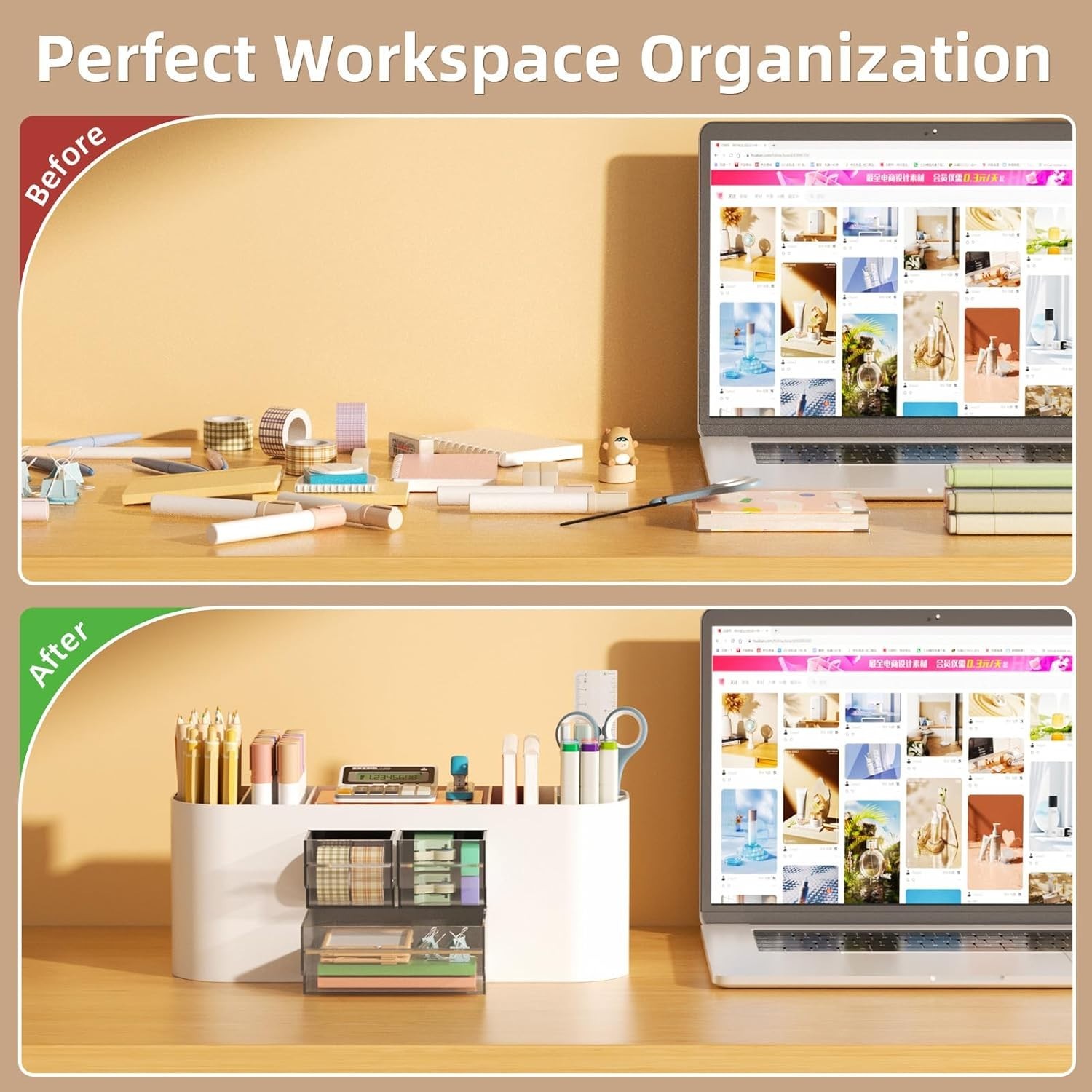 Desk Organizer Pen Holder for Desk with 3 Drawers, Multi-Functional Pencil Holde