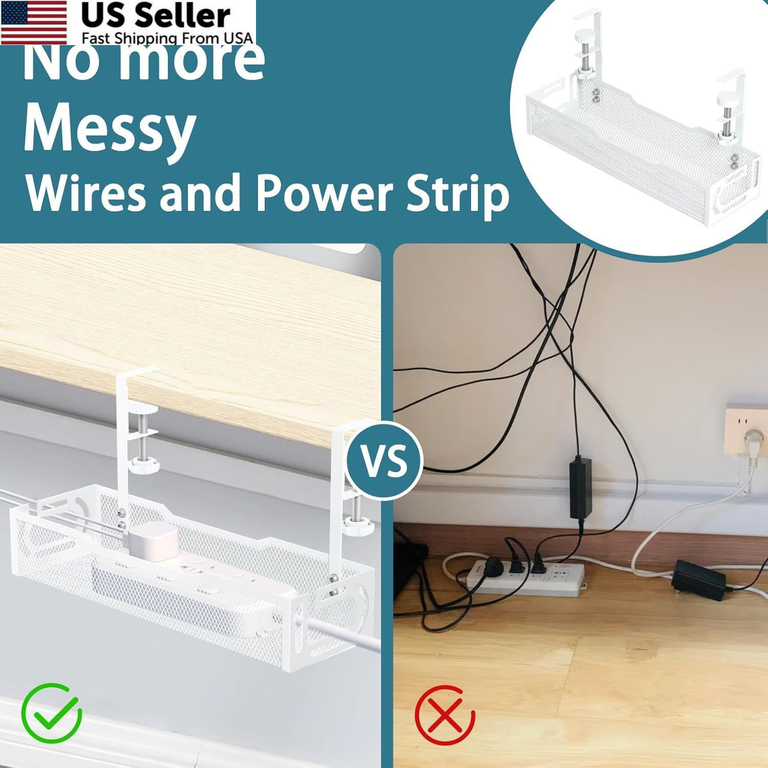Under Desk Cable Management Tray, No Drill Mesh 1Pack-White (15.3”)
