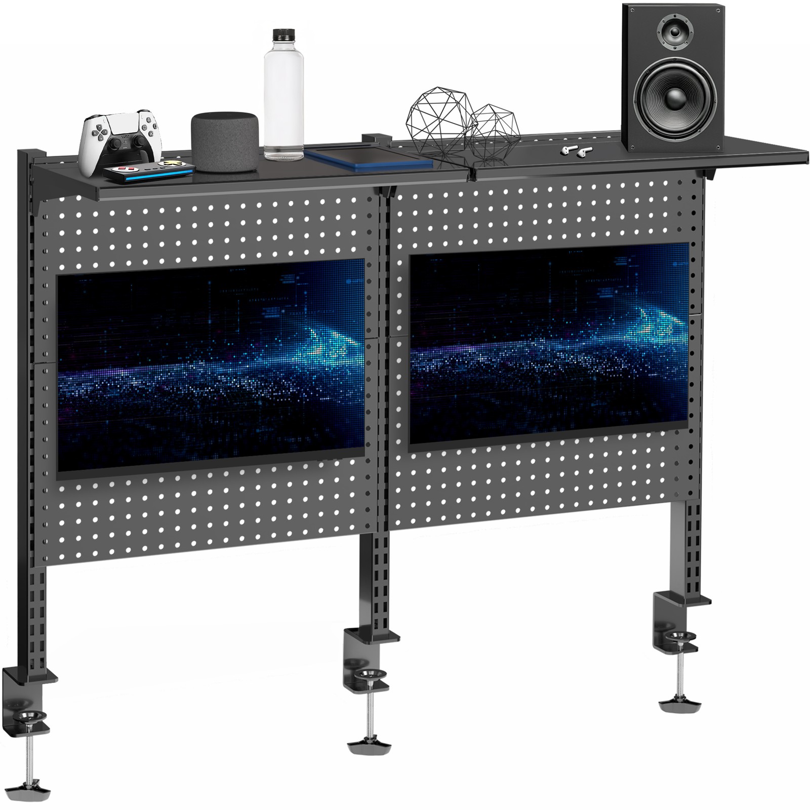 VIVO Black Steel Clamp-on 47″ Pegboard with Monitor Mounts & Overhead Shelf