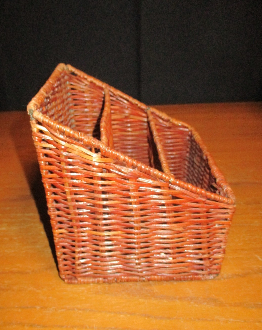 Vintage Woven Wicker Rattan Mail Holder – Brown – 3 Compartments – Desk Top