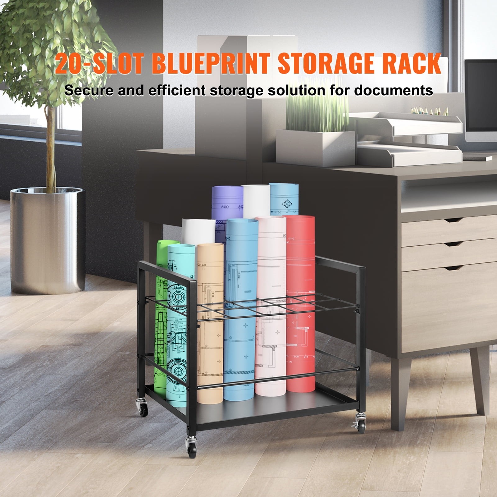 Mobile Blueprint Organizer, 20-Slot Metal Storage Cart with Casters