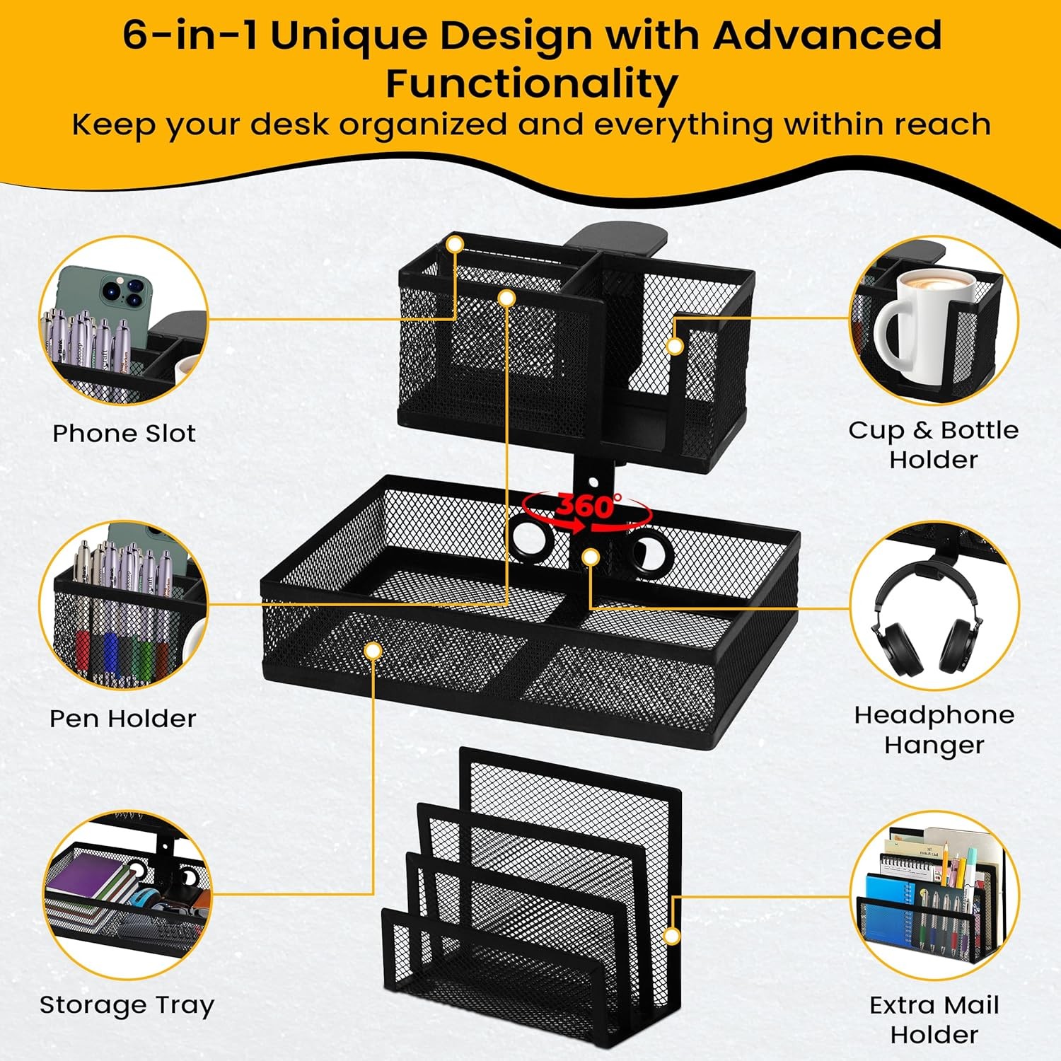 6-in-1 Clamp On Desk Organizer with Cup Holder & 360° Rotating Under Desk Dra…