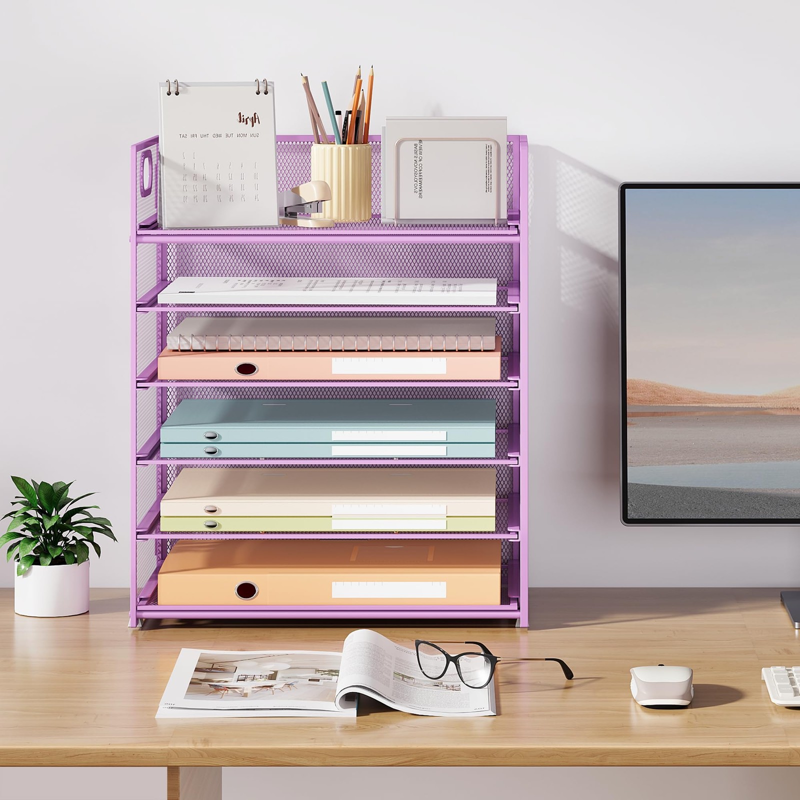 6 Tier Paper File Tray Organizer for Desk, Purple Mesh Desk Letter Paper File…