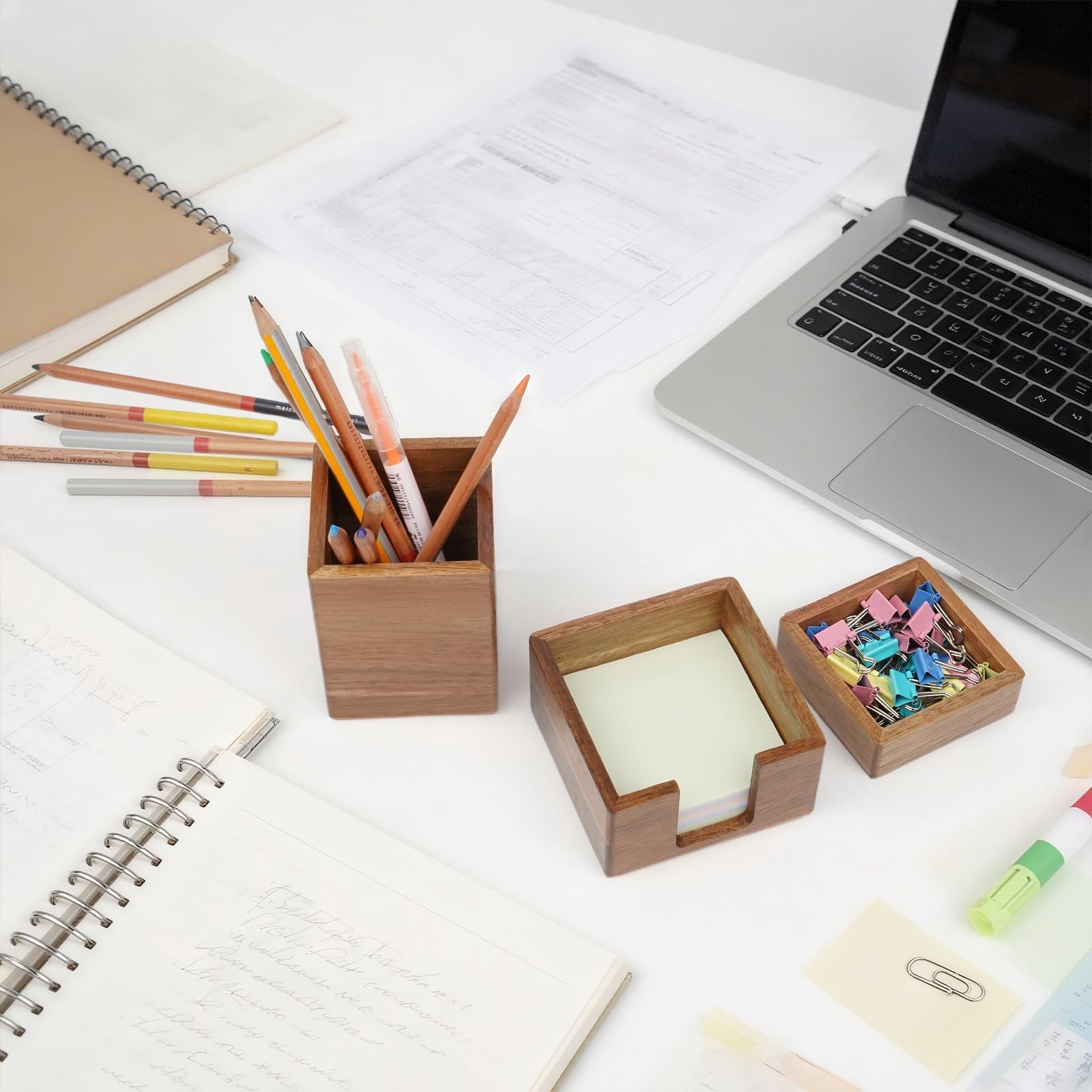 3 PCS Brown Wooden Desk Organizer Set Pine Wood Office Desk Accessories with …