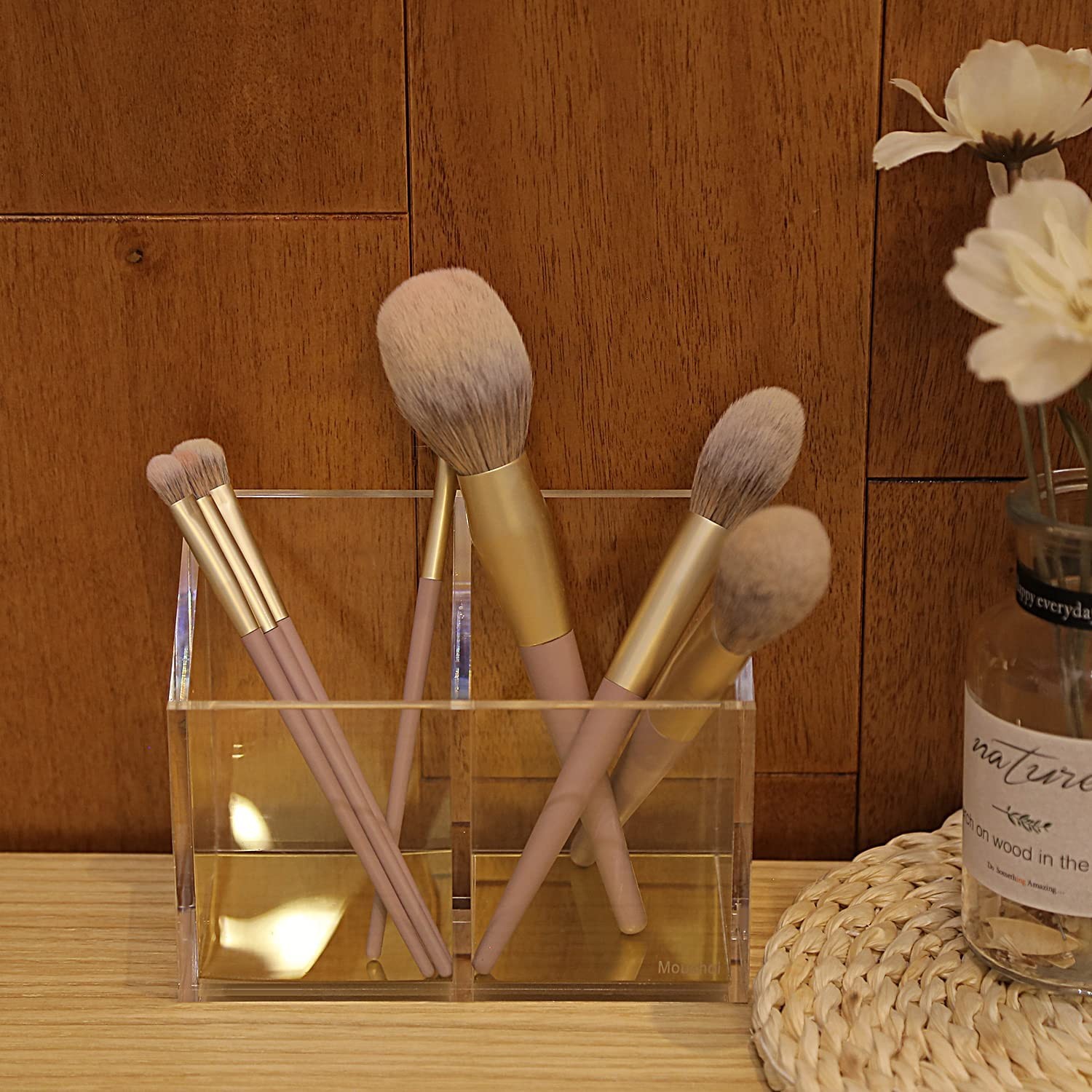 Modern Acrylic Pen Holder with 2 Compartments Gold Base, Multifunctional Penc.