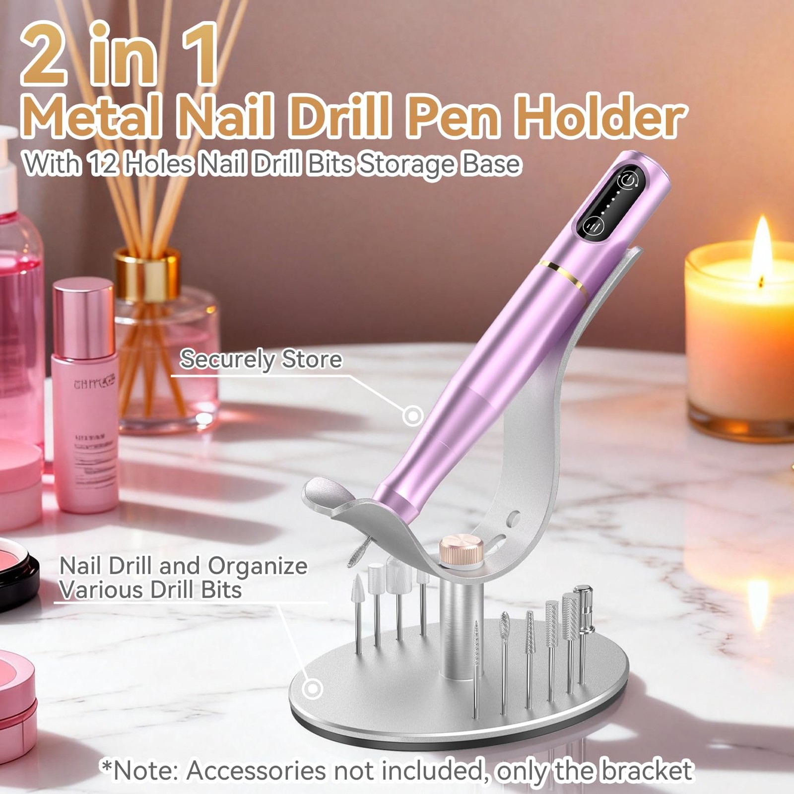 Thowapou Nail Drill Holder, 2 in 1 Bit Holder,12 Holes Silver